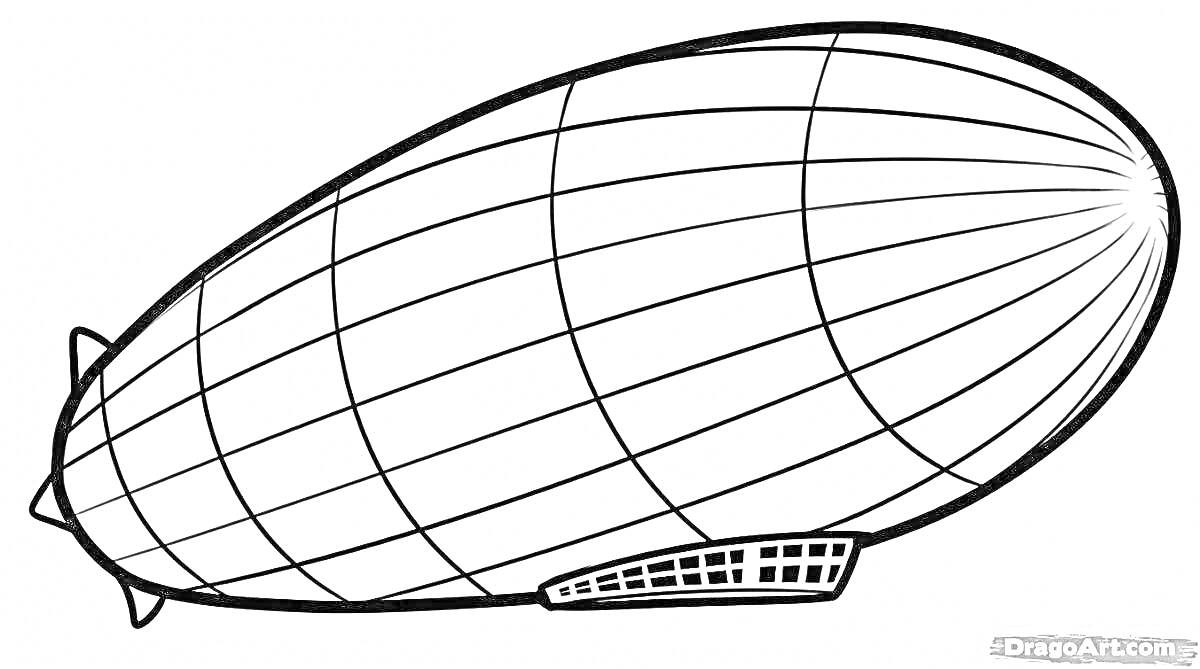 На раскраске изображено: Дирижабль, Летательный аппарат, Воздухоплавание, Транспорт, Контурные рисунки