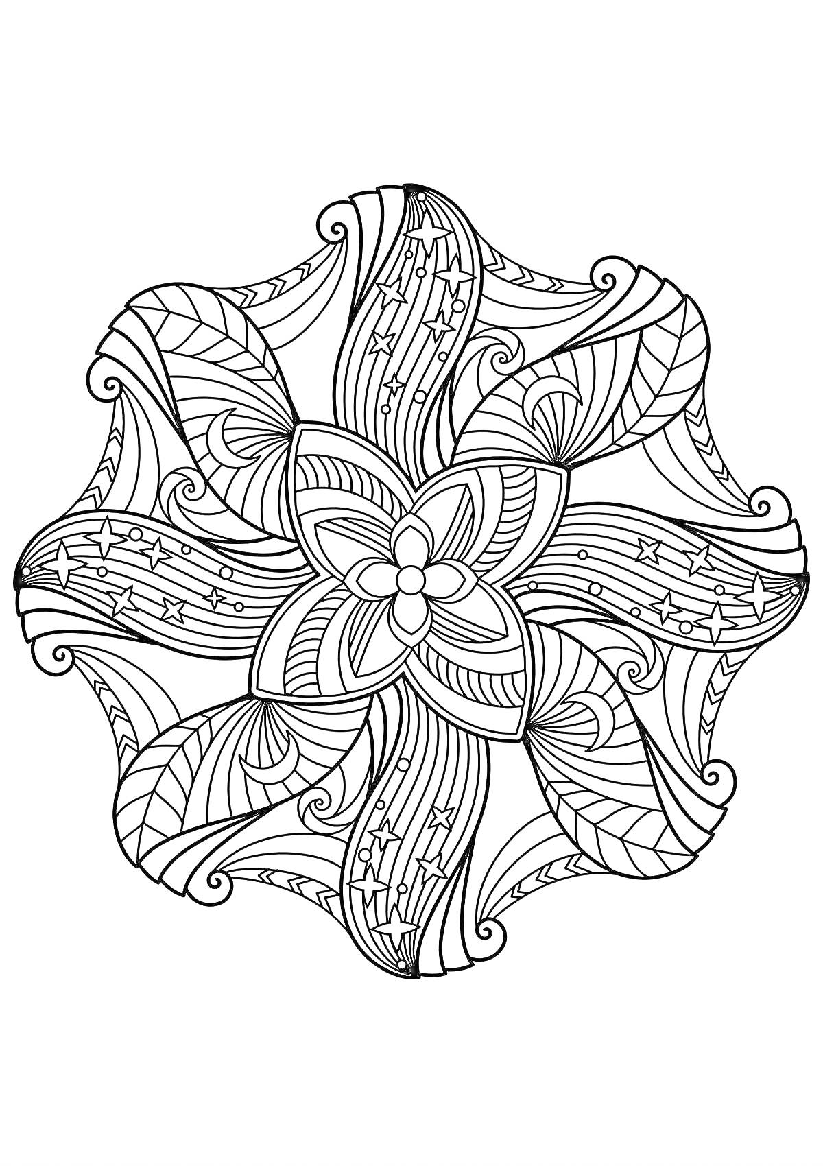Раскраска Мандала цветок с лепестками, узорами, линиями и завитками