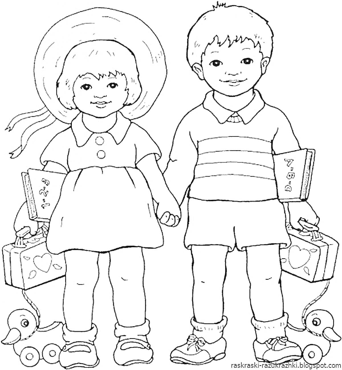 На раскраске изображено: Мальчик, Девочка, Держатся за руки, Шляпа
