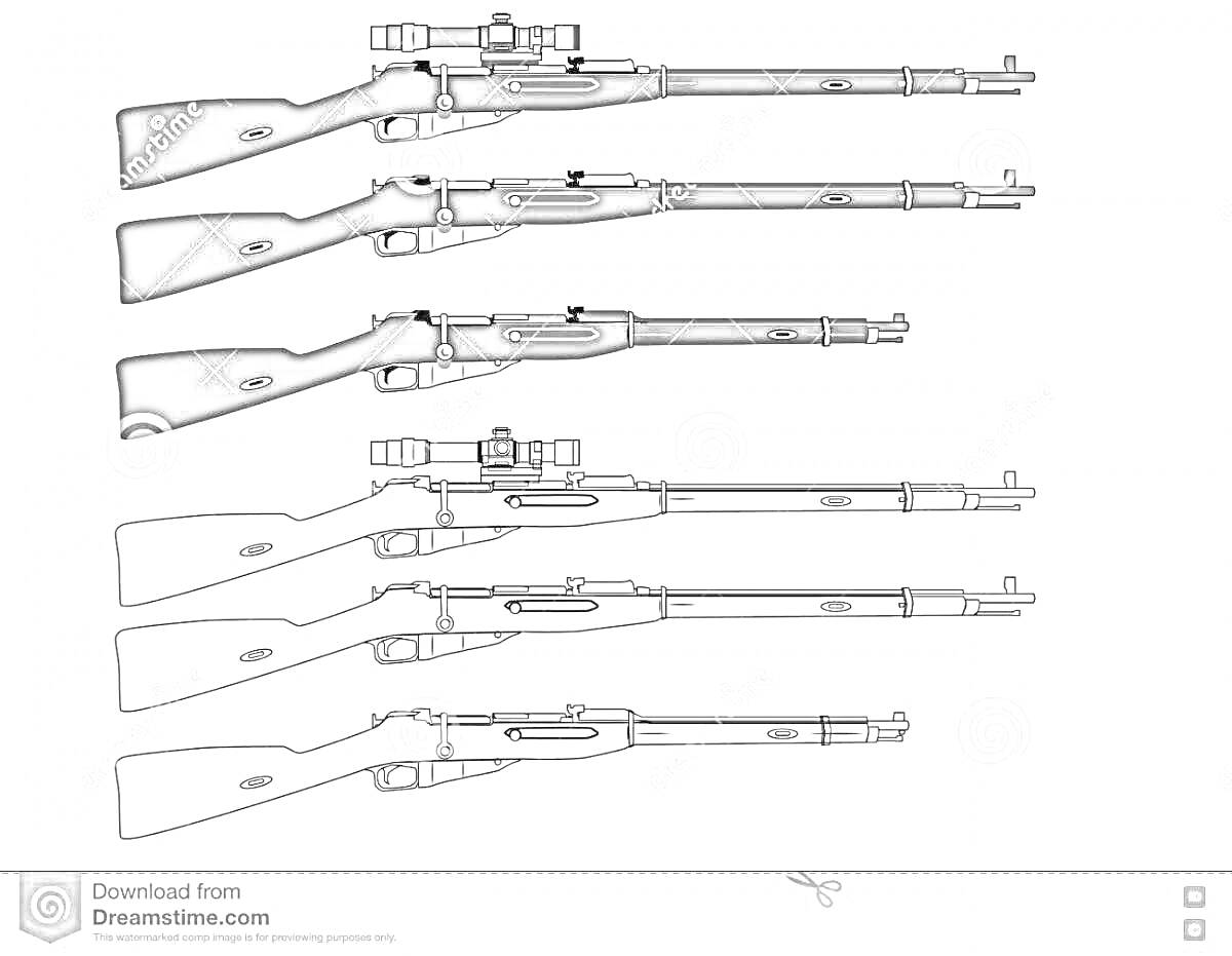 РаскраскаВарианты винтовки Мосина с прицелом в разных стадиях раскраски