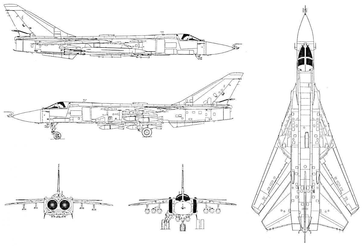 Раскраска Раскраска с проекциями самолета Су-24, вид сбоку, фронтальный вид, вид сзади, вид сверху