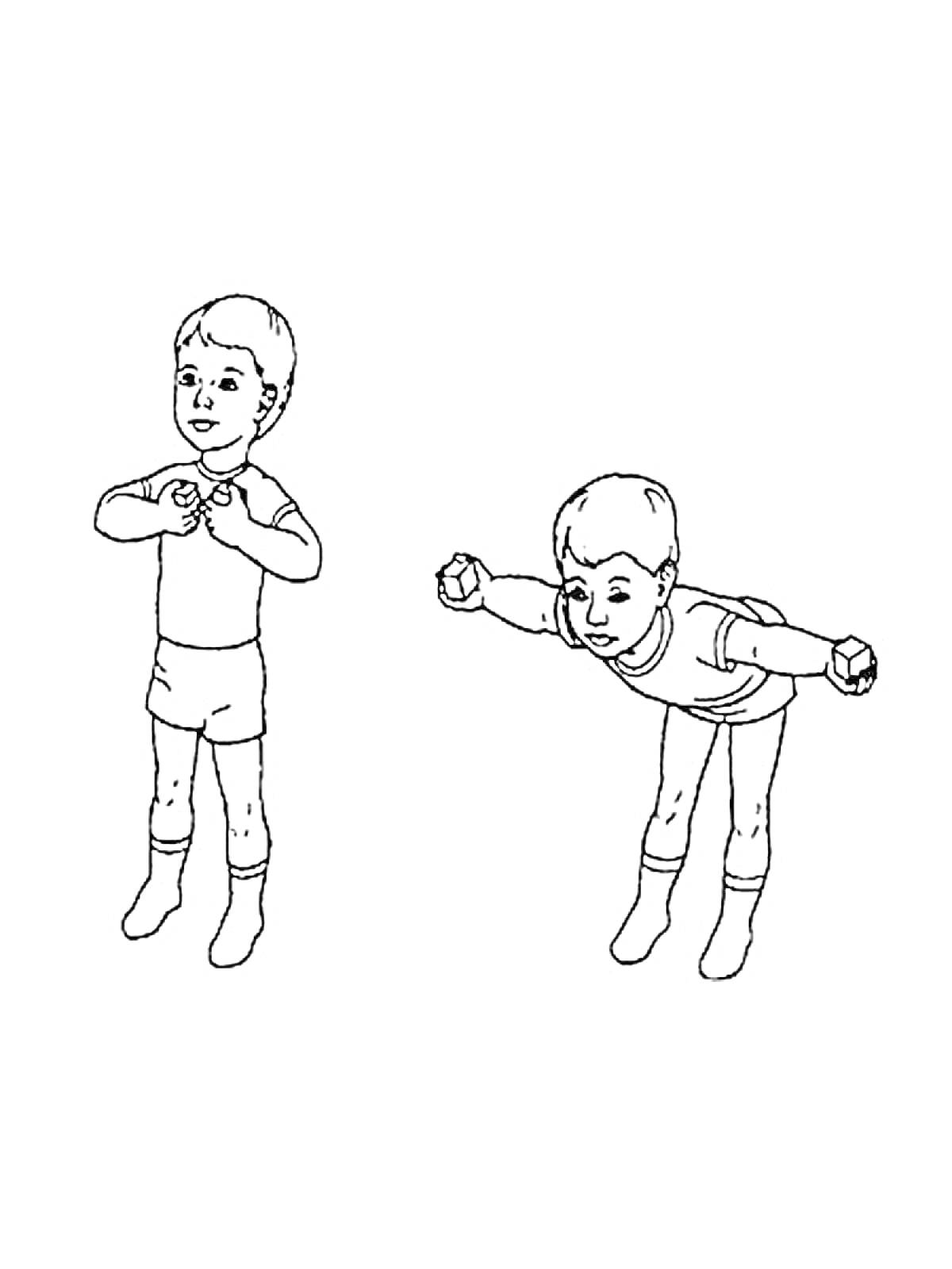 Раскраска Мальчик с гантелями делает упражнения