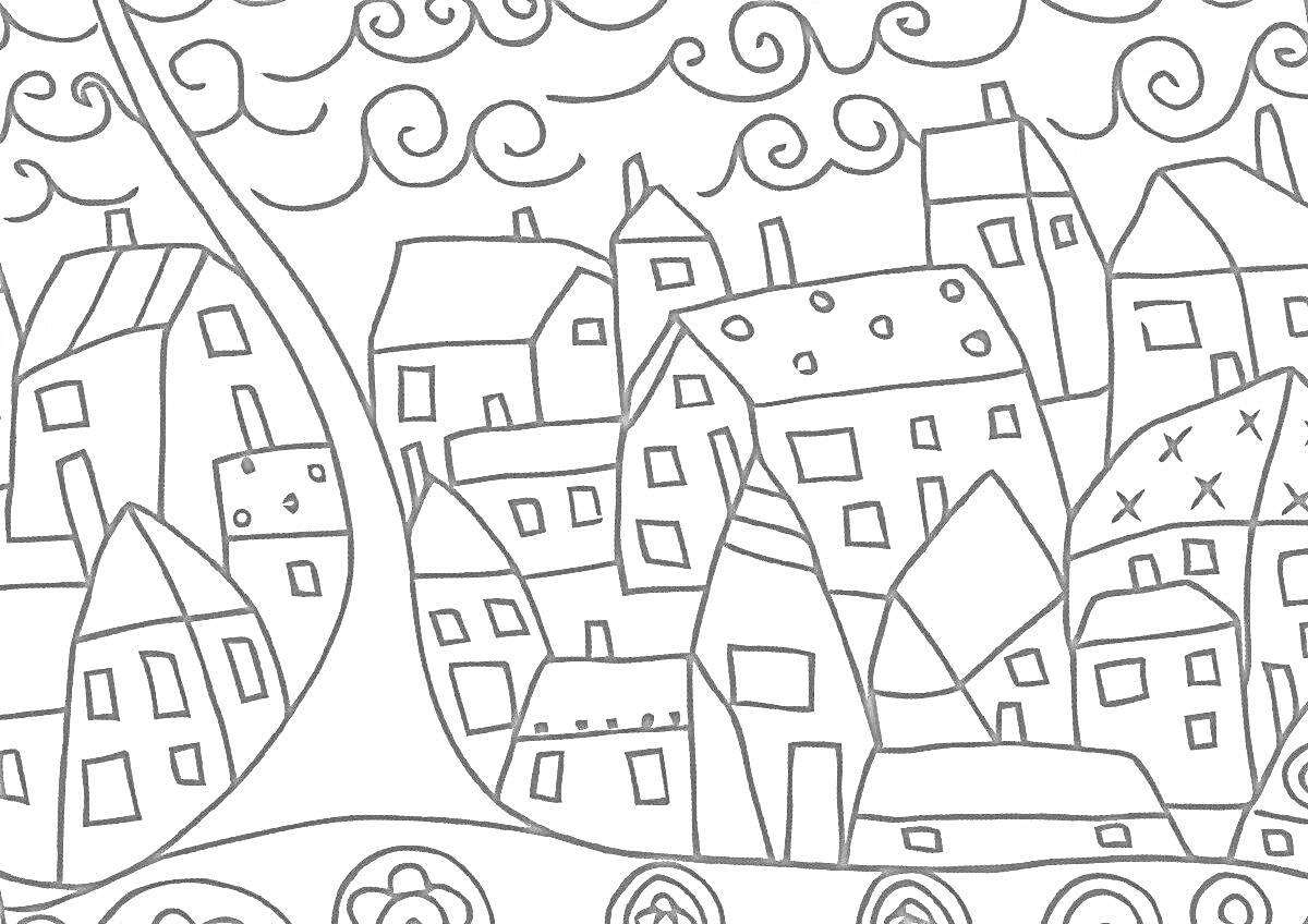 Раскраска Город с домами и деревьями под облачным небом