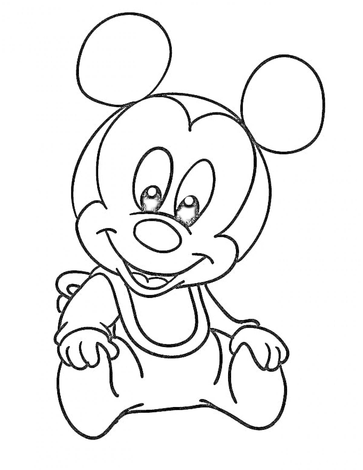 Раскраска Сидящий мультяшный мышонок с большими ушами и комбинезоном.