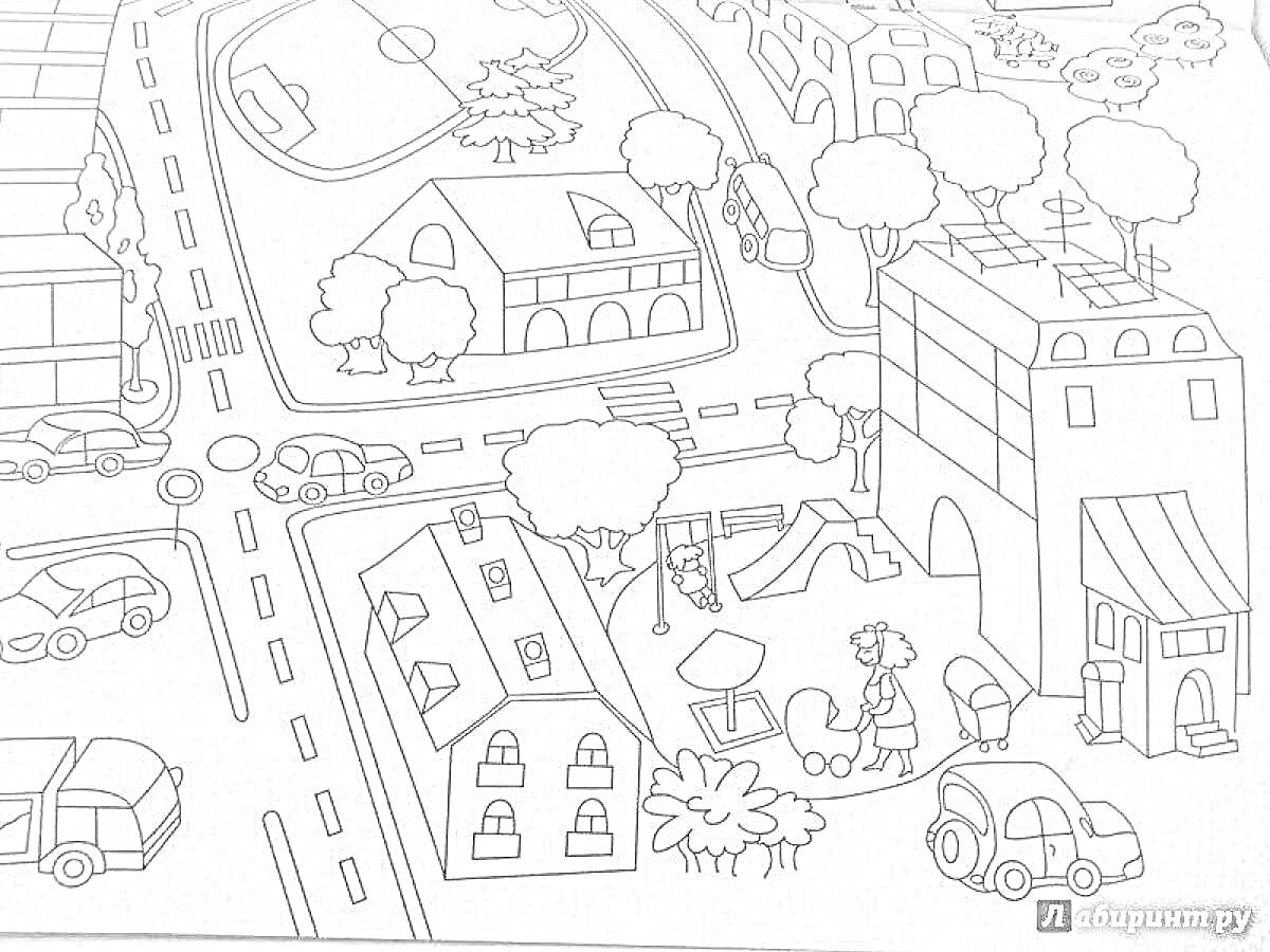 Раскраска городской пейзаж с перекрестком, парком, домами, деревьями, машинами и детской площадкой
