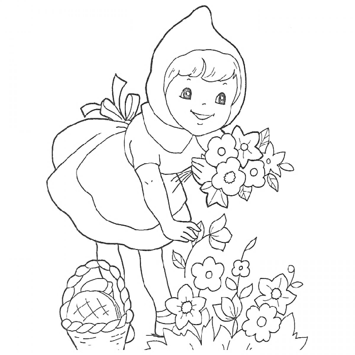 Раскраска Красная Шапочка собирает цветы
