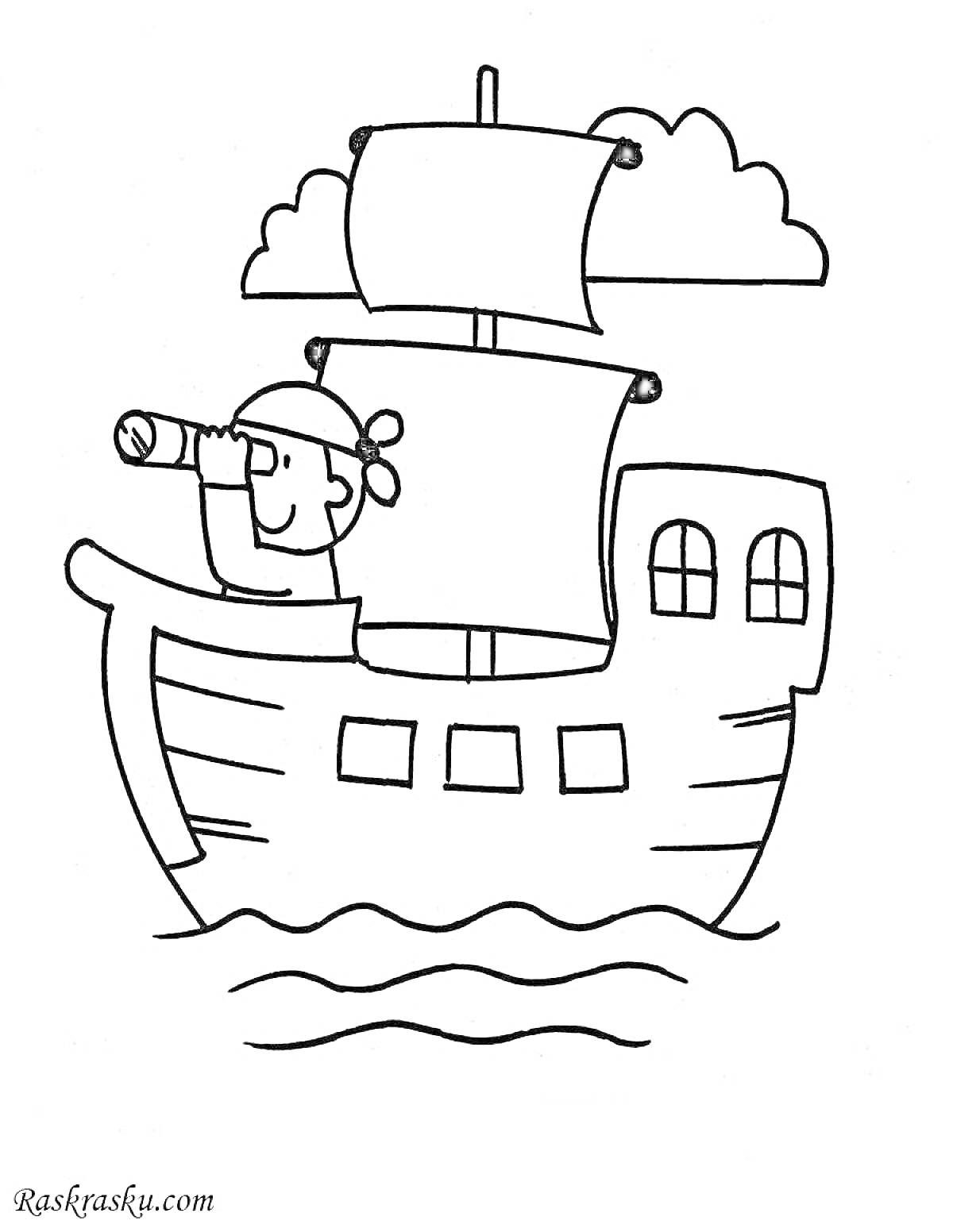 На раскраске изображено: Корабль, Матрос, Подзорная труба, Паруса, Волны, Облака, Море, Для детей