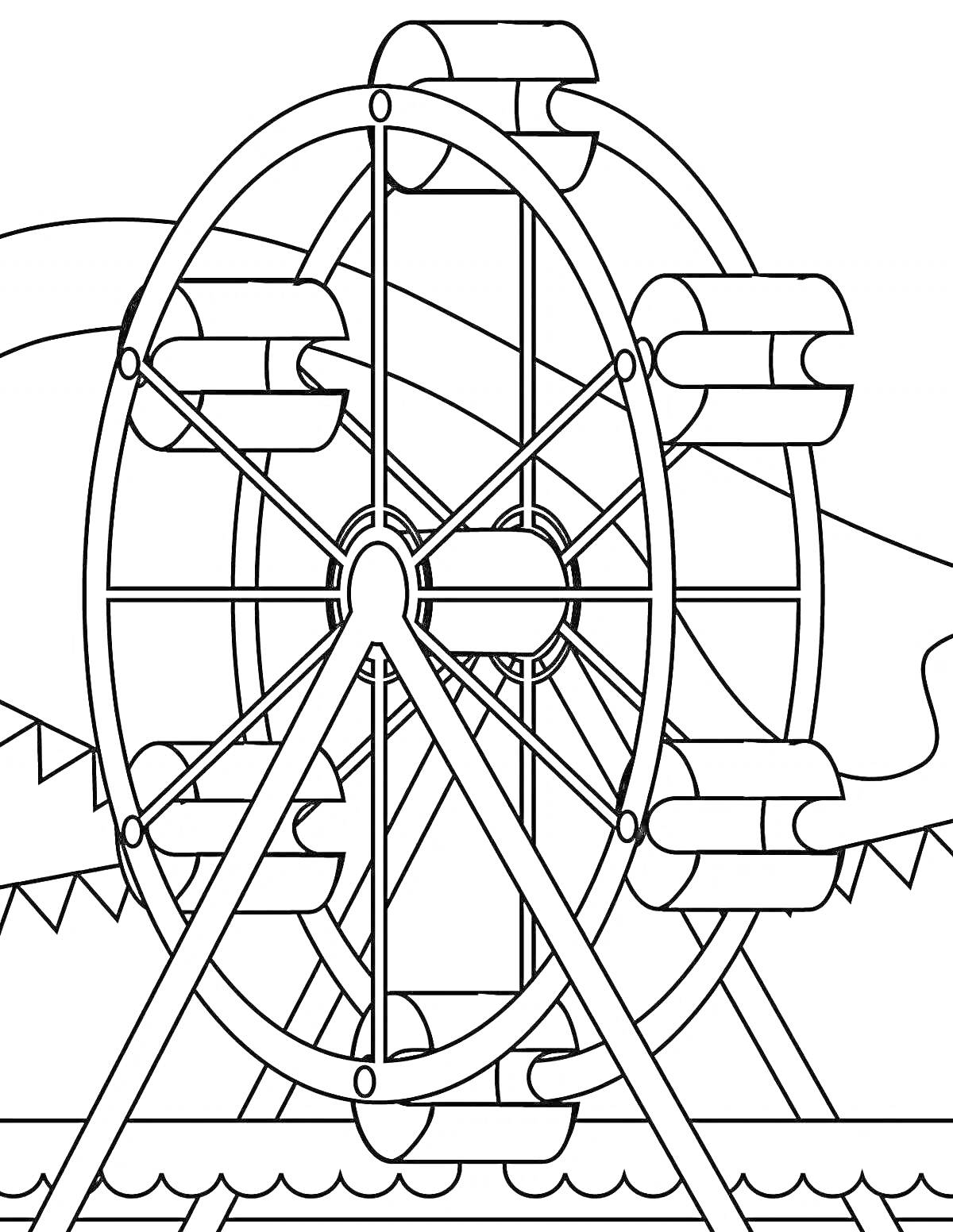 На раскраске изображено: Колесо обозрения, Аттракцион, Линии, Карусель, Парк аттракционов, Контурные рисунки