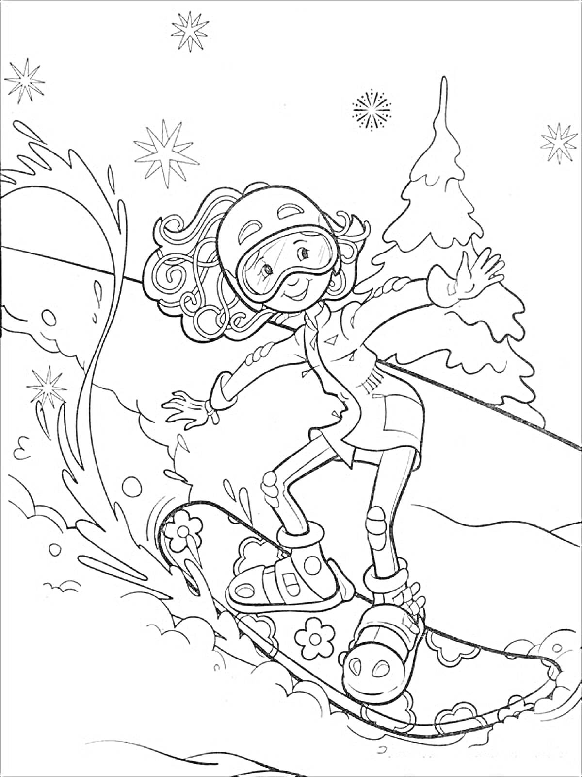 Девочка на сноуборде, едущая по снежной трассе, с деревьями и снежинками на фоне.