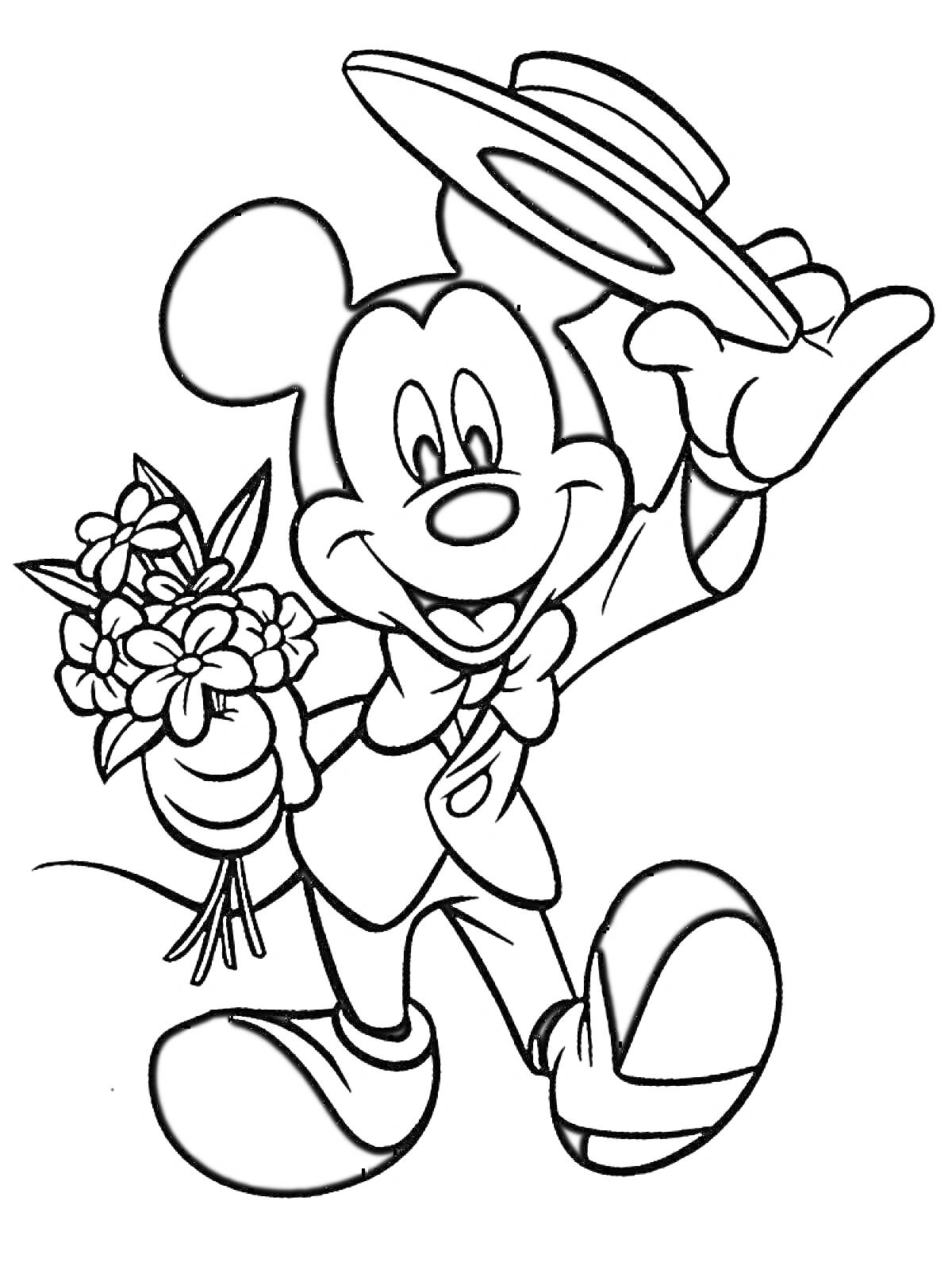 На раскраске изображено: Микки Маус, Костюм, Цветы, Шляпа, Мультипликационный персонаж