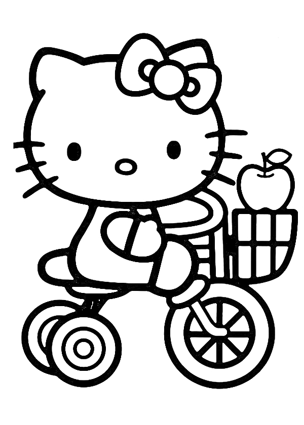 Китти едет на трехколесном велосипеде с яблоком в корзине