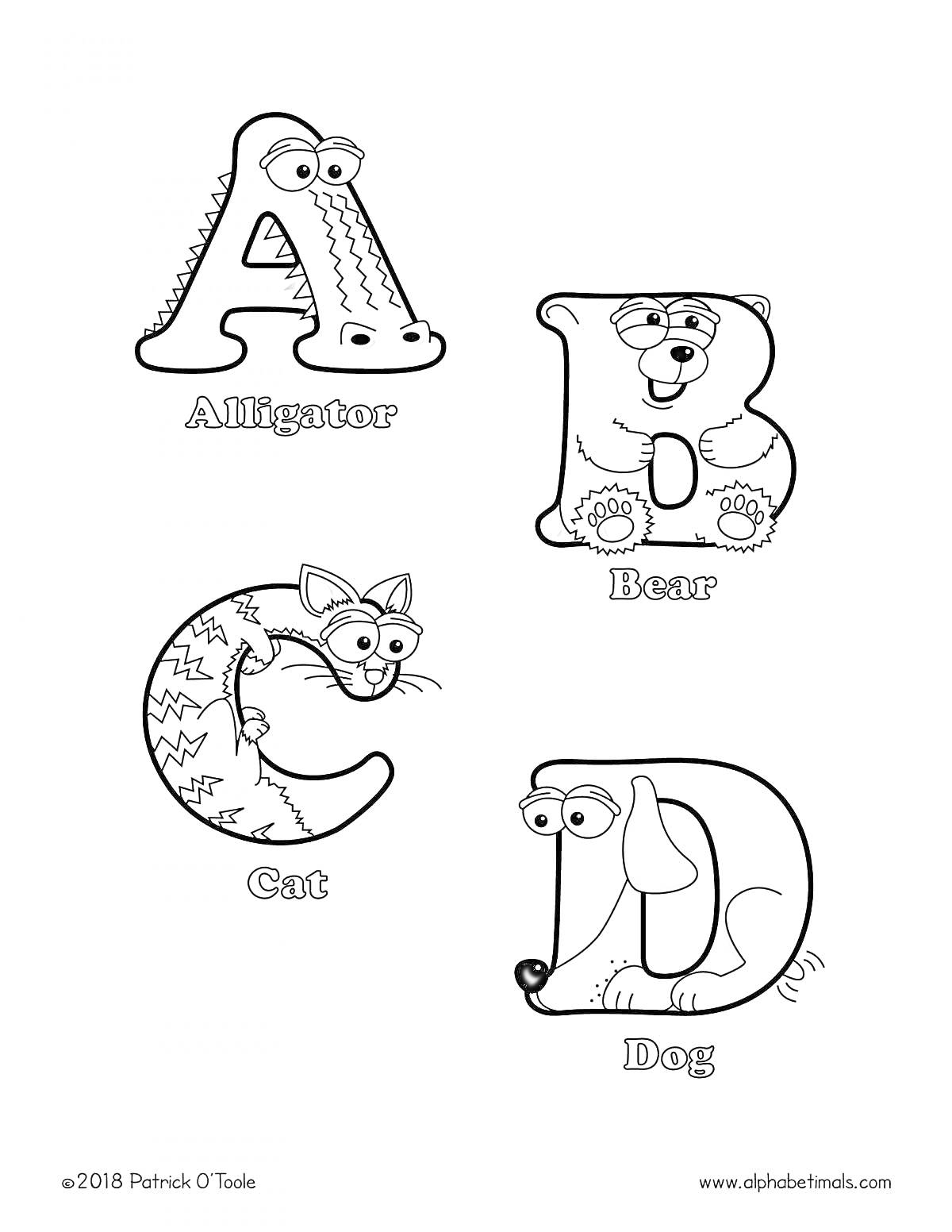 Раскраска Английский алфавит с животными - А (Alligator), B (Bear), C (Cat), D (Dog)