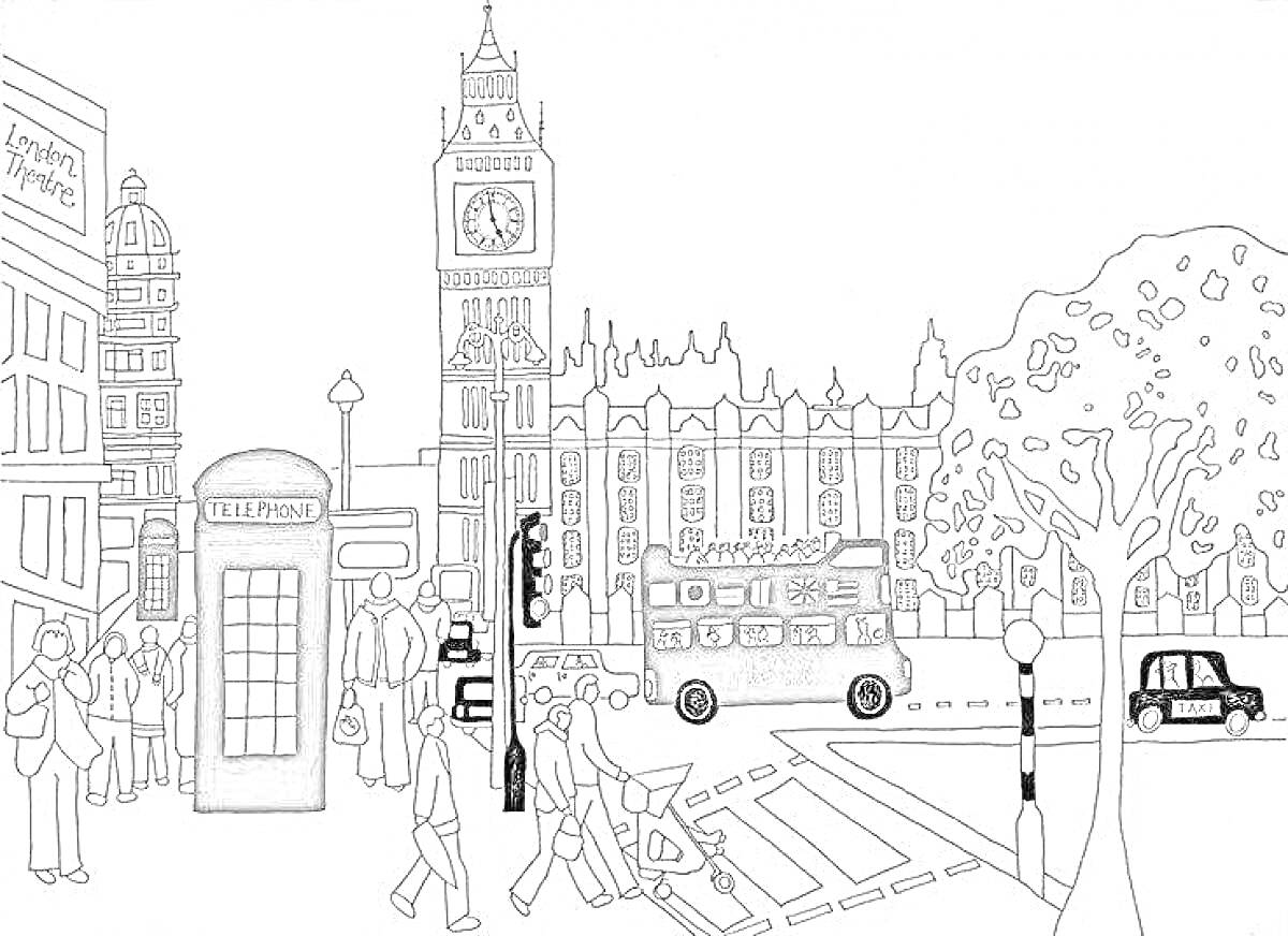 На раскраске изображено: Автобус, Телефонная будка, Лондон, Деревья, Здания, Светофор, Достопримечательности