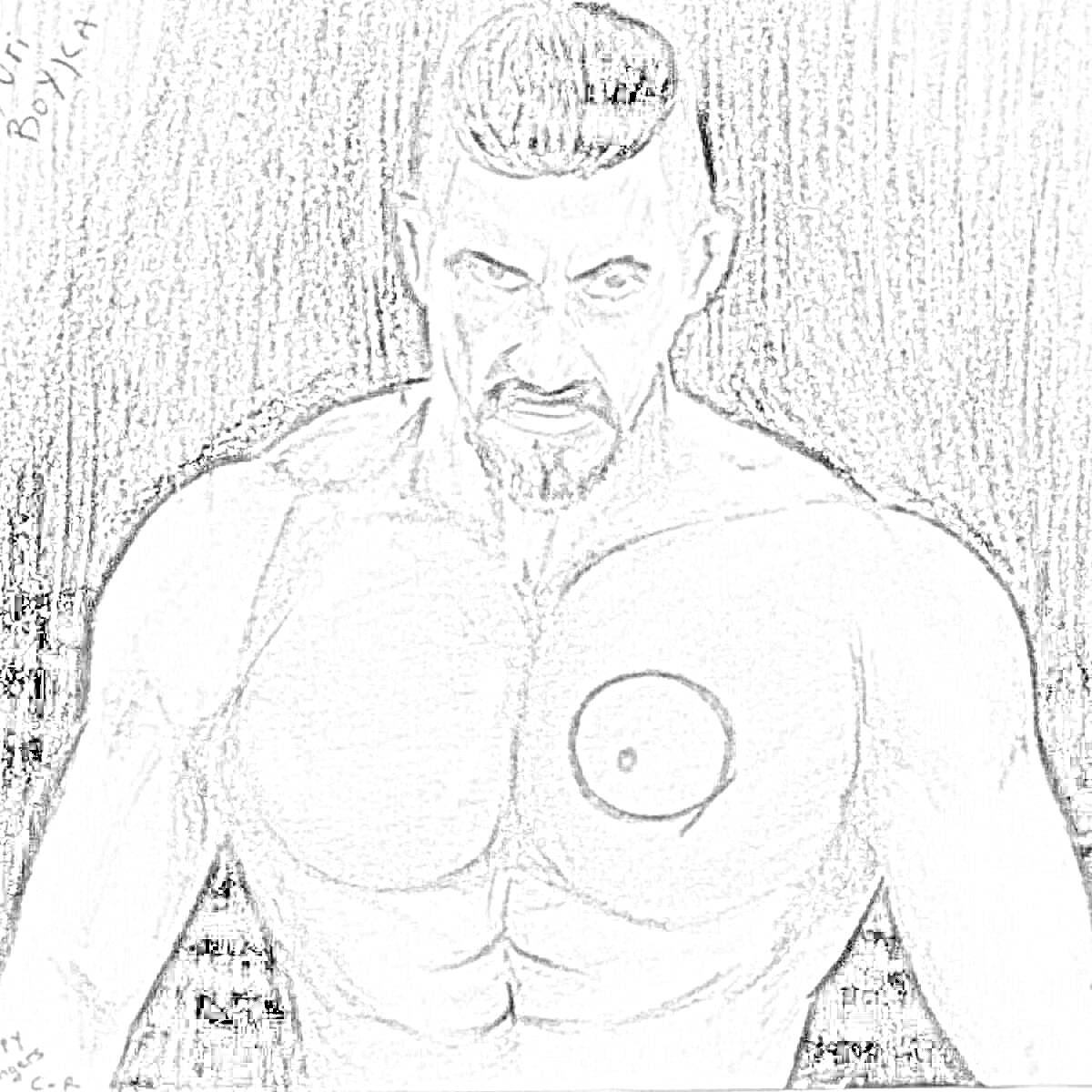 Раскраска Черно-белый портрет мускулистого мужчины с бородой и татуировкой на груди