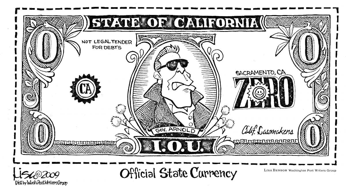 Раскраска Купюра нулевого доллара штата Калифорнии с изображением человека в солнцезащитных очках, надписью 