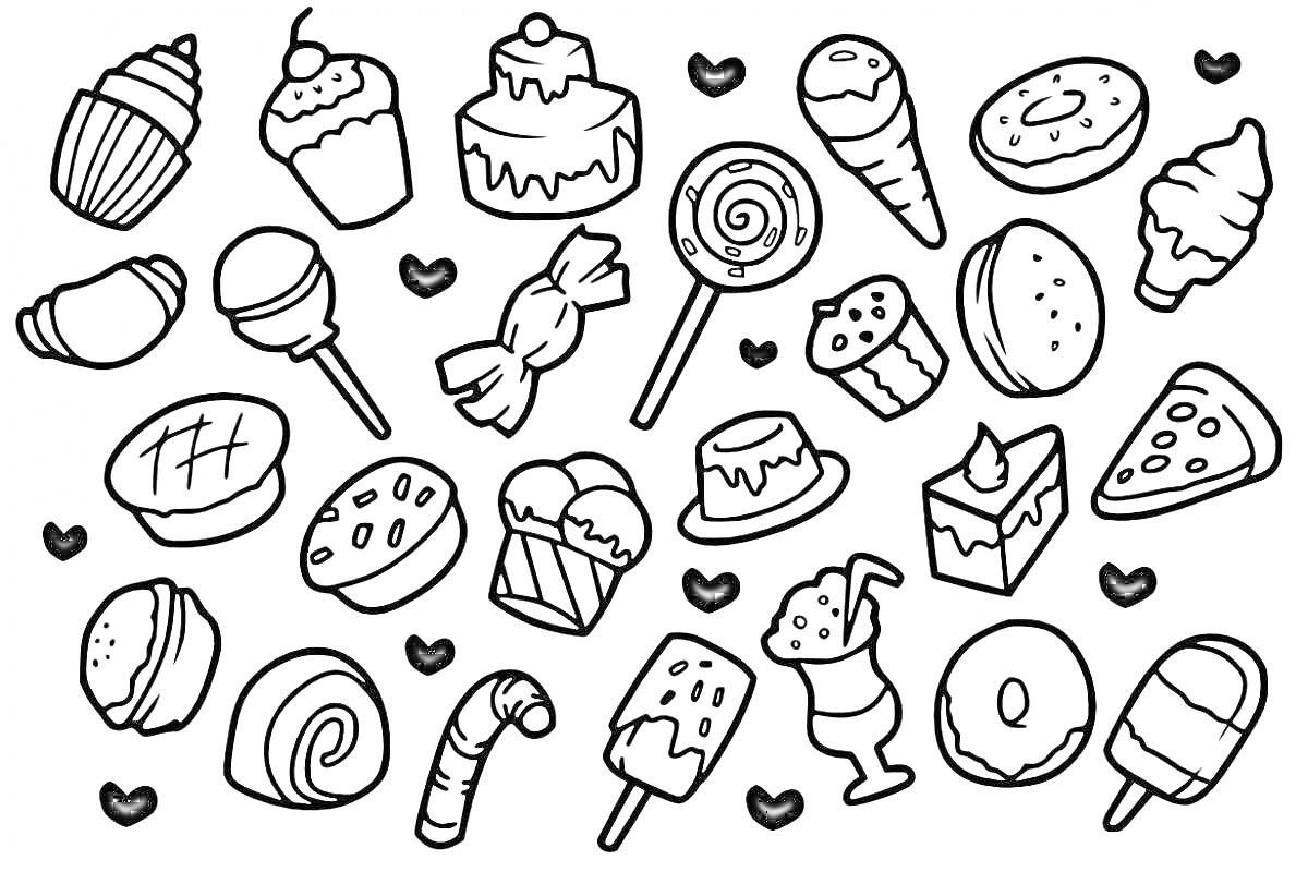 Наклейки с десертами: кексы, торты, леденцы, мороженое, макаронсы, пончики, круассаны, печенье, конфеты, пироги, пирожные, рулеты, пирожки, сердечки.