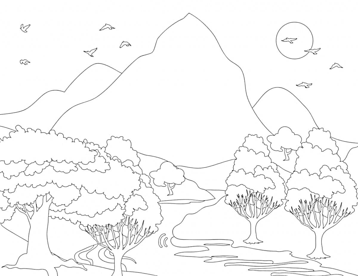 Раскраска Горы, деревья, река и птицы под солнцем