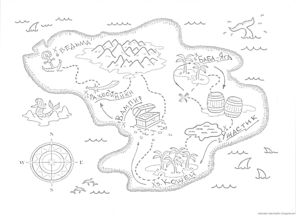 Раскраска Карта с элементами: остров, очертания острова, облака, волны, лодки, корабль, подзорная труба, гора, папоротник, вулкан, пират, сундук, пальмы, бочка, попугаи, киты, деление на участки, указания на 