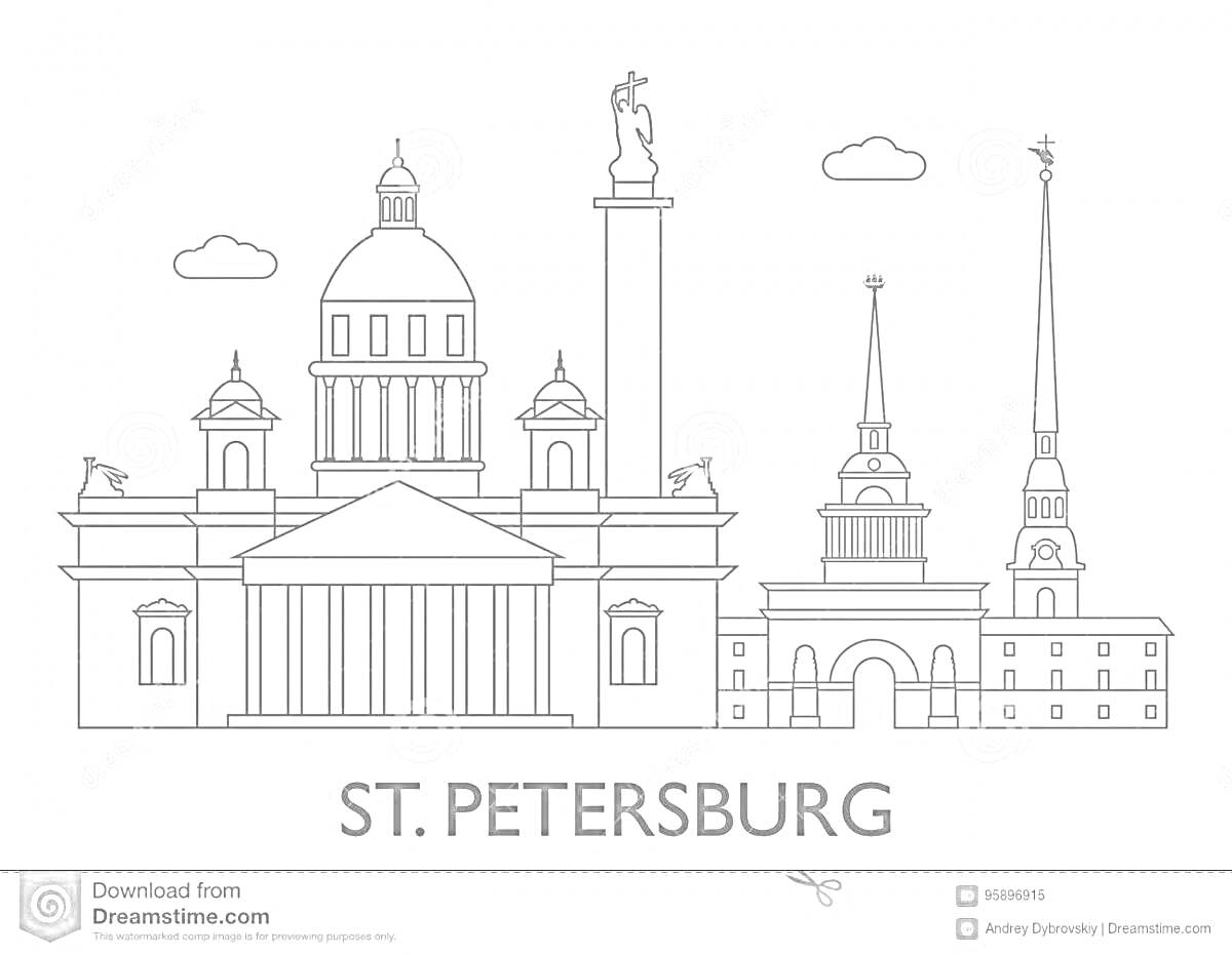 На раскраске изображено: Стрелка Васильевского острова, Исаакиевский собор, Адмиралтейство, Петропавловская крепость, Санкт-Петербург, Достопримечательности, Архитектура, Иллюстрация