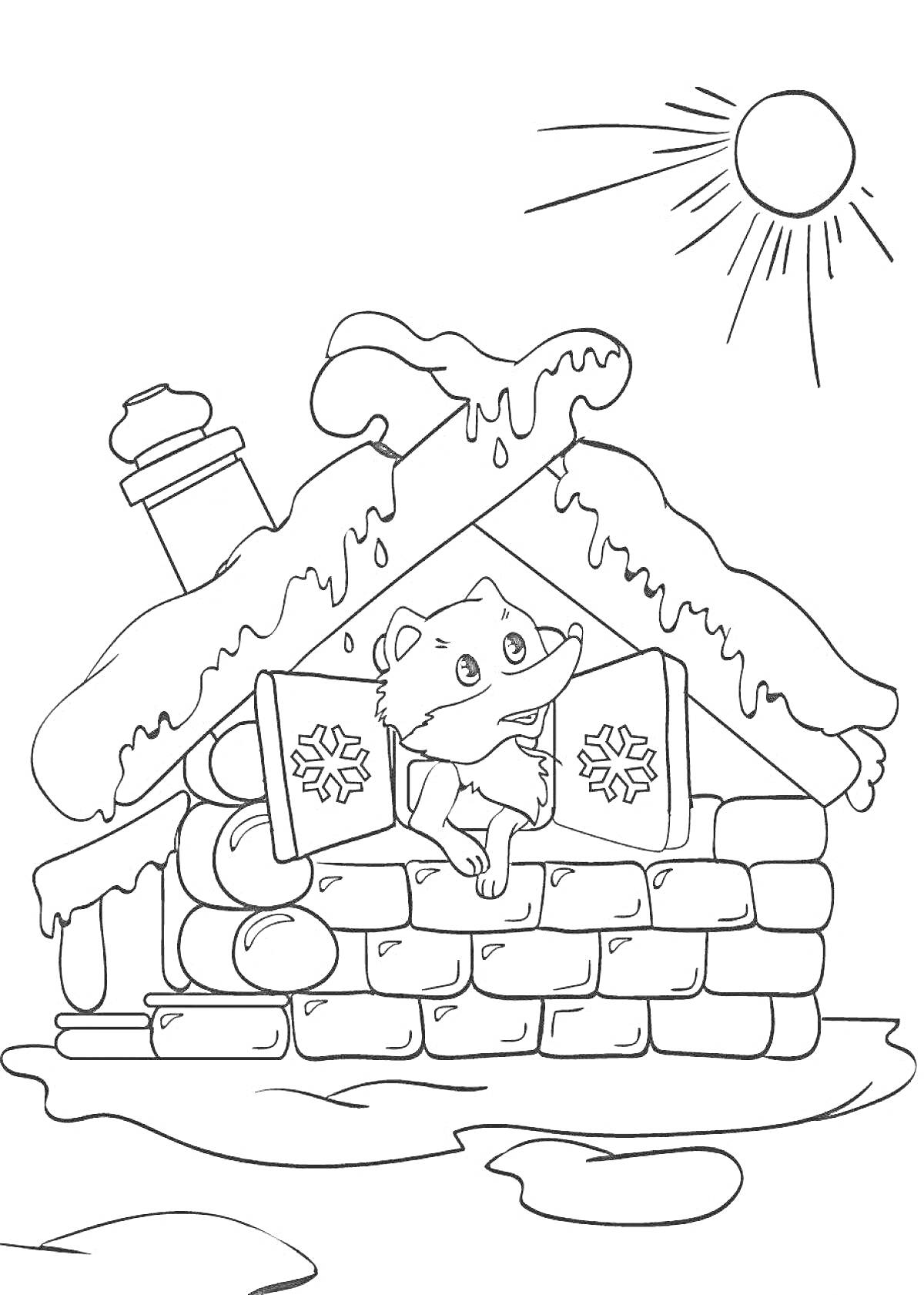 На раскраске изображено: Лед, Сосульки, Дымоход, Солнце, Снег, Природа