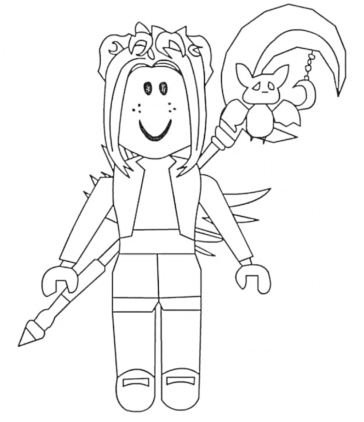 Раскраска Девочка в стиле Roblox с крыльями, сердечным ожерельем и волшебным посохом с летучей мышью