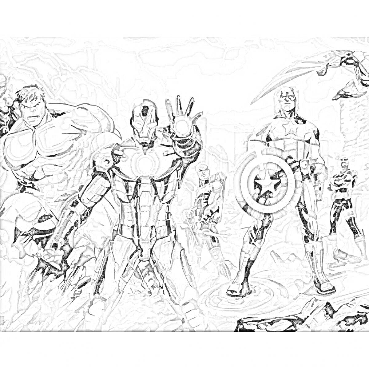 Раскраска Герои Марвел, среди которых Железный Человек, Капитан Америка и Халк, готовятся к битве на фоне грозового неба и разрушенного пейзажа