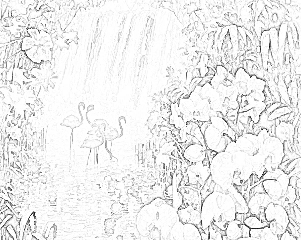 На раскраске изображено: Водопад, Фламинго, Орхидеи, Цветы, Листья, Природа, Пейзаж, Водоем