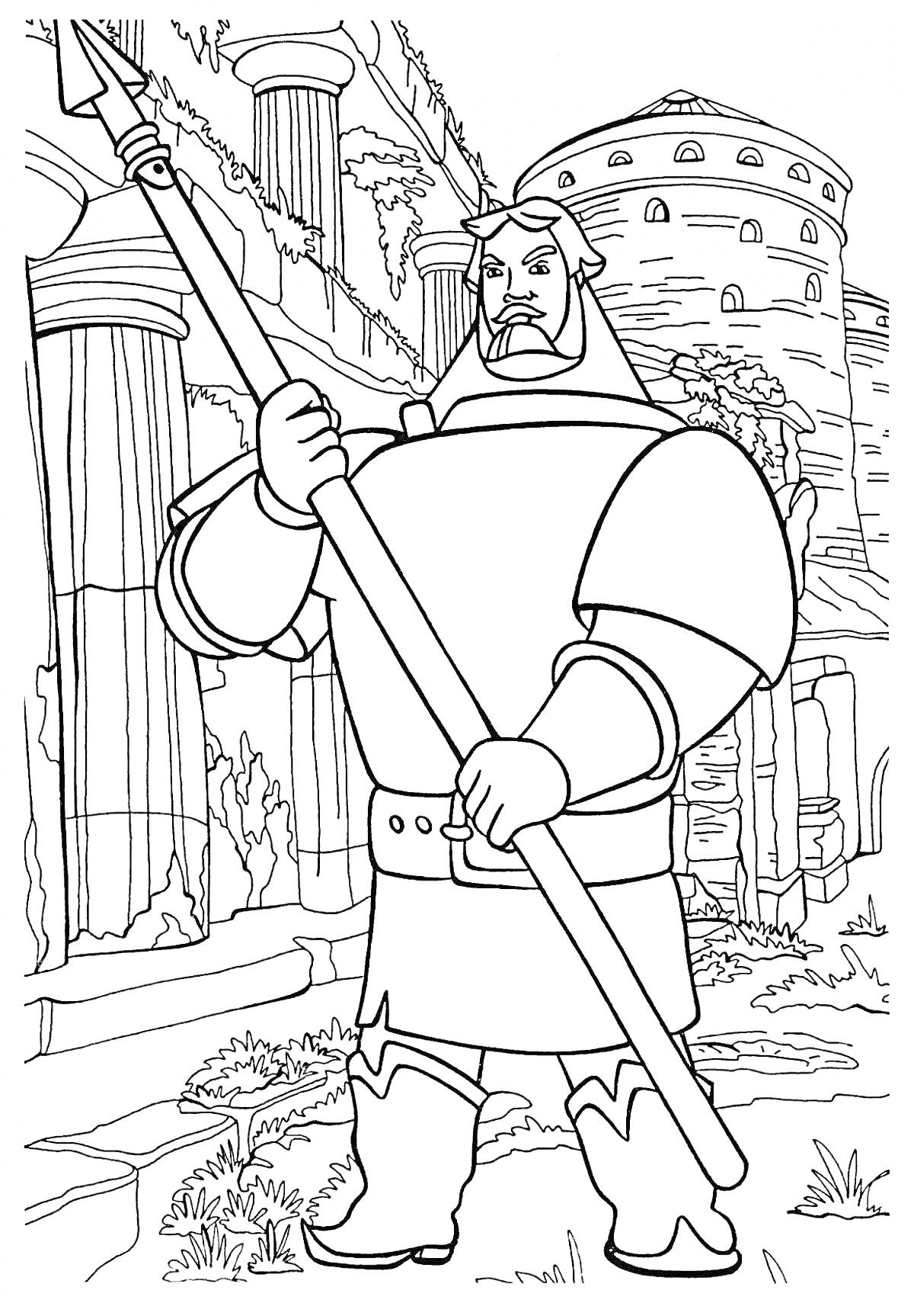 Раскраска Богатырь с копьем на фоне древних руин