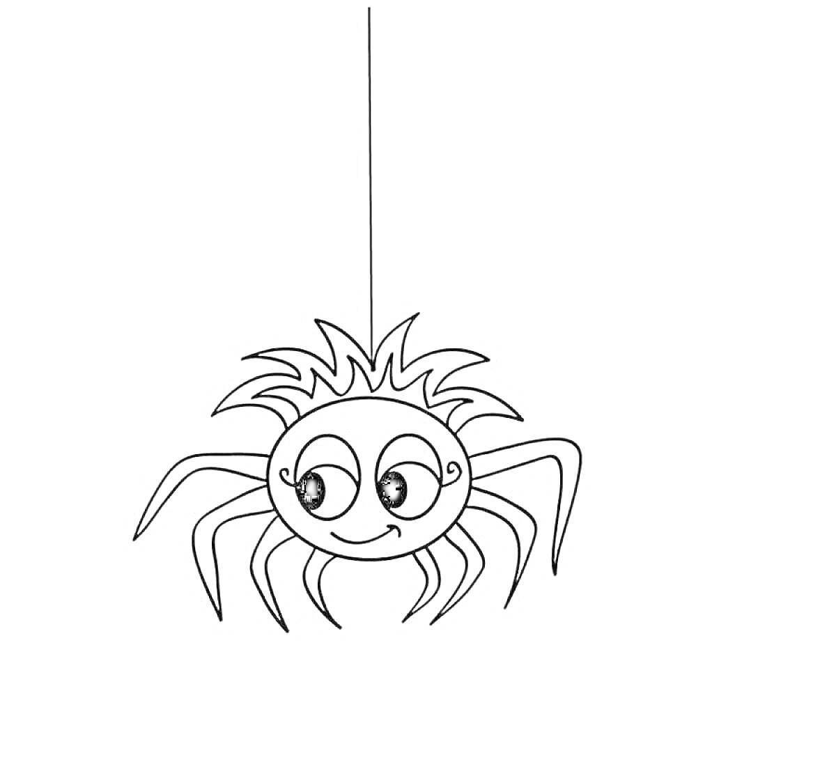 Раскраска паук на нитке с глазами и улыбкой