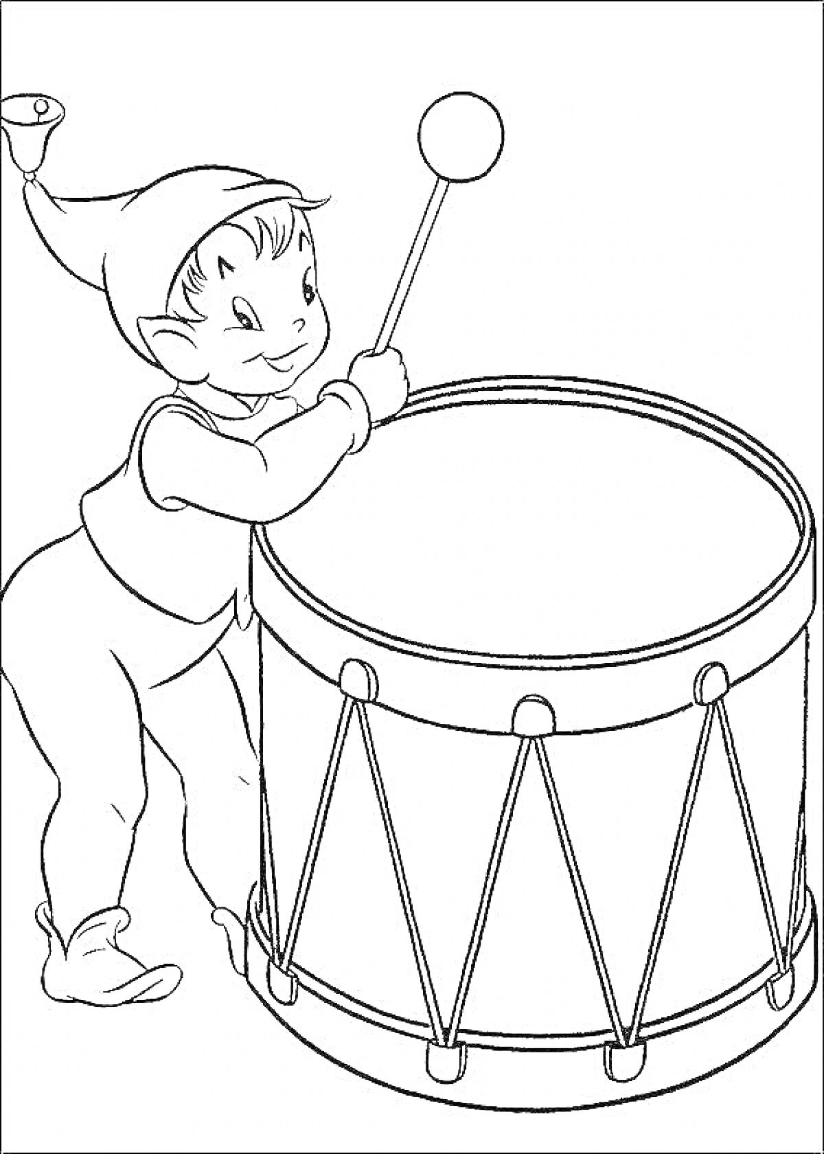 Раскраска Эльф играет на барабане