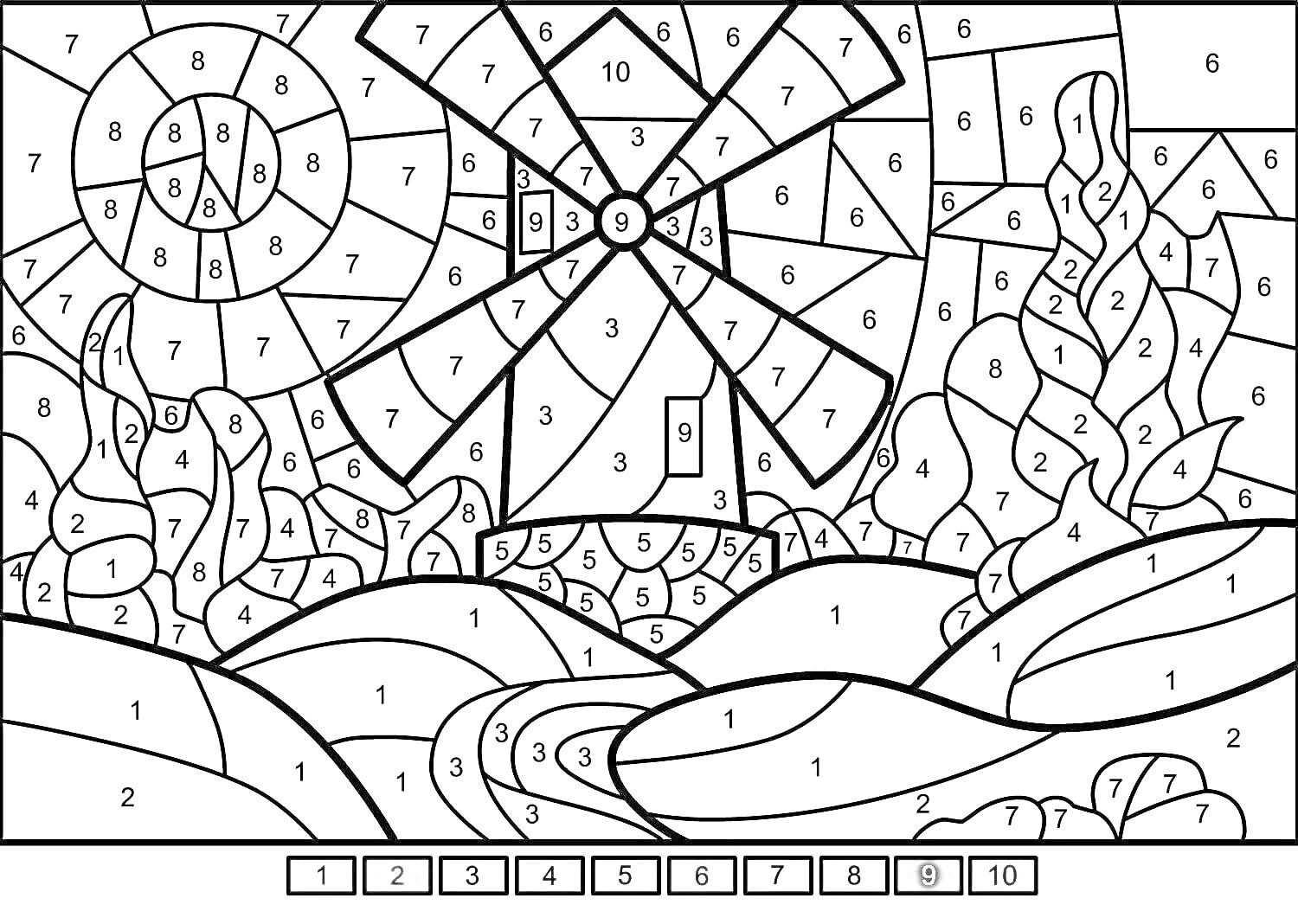 На раскраске изображено: По номерам, Природа, Солнце, Холмы, Деревья, Своими руками, Пейзаж, Мельница