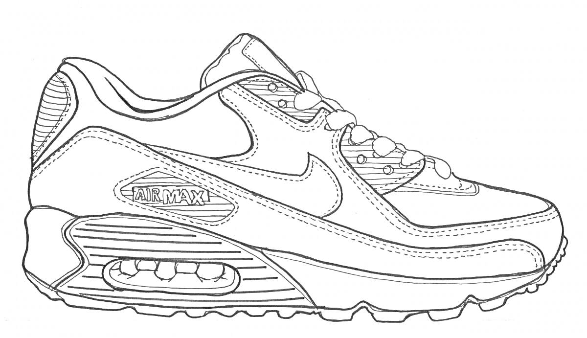 Раскраска Раскраска кроссовок Nike Air Max с видимыми элементами воздушной подошвы, шнурками и логотипом Nike
