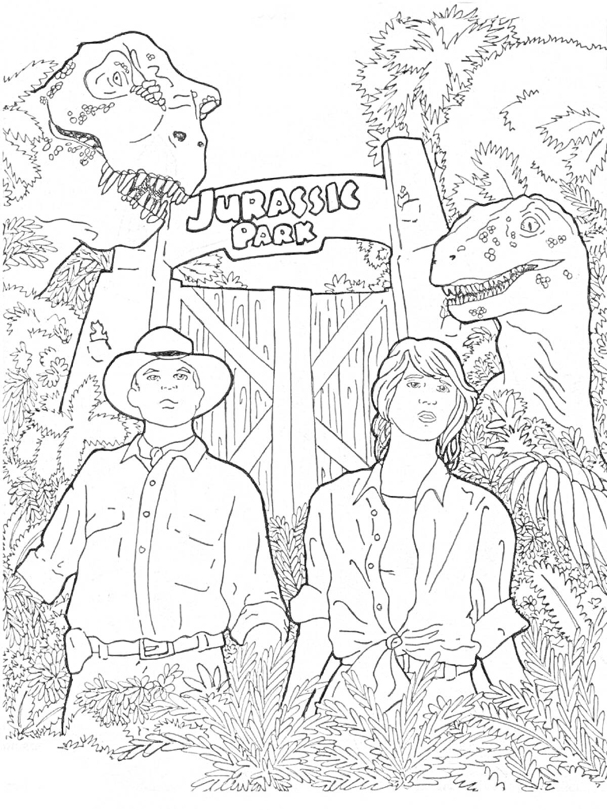 На раскраске изображено: Ворота, Лес, Деревья, Шляпа, Рубашка, Тропический лес, Динозавр, Женщина, Мужчина