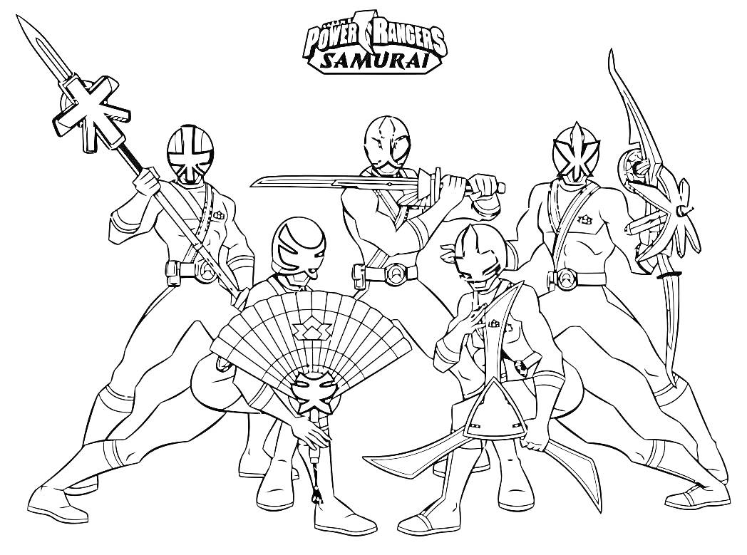 Раскраска Самураи Рейнджеры с оружием (меч, лук, веер, копье, сюрикен)