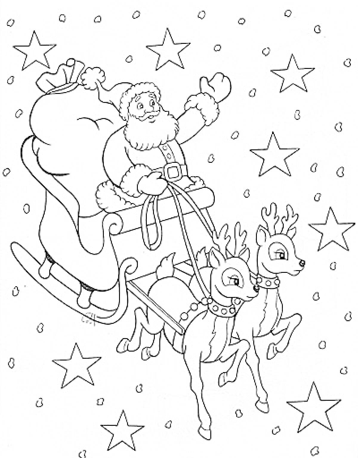 Санта-Клаус в санях с мешком подарков и двумя оленями на фоне звезд и падающего снега