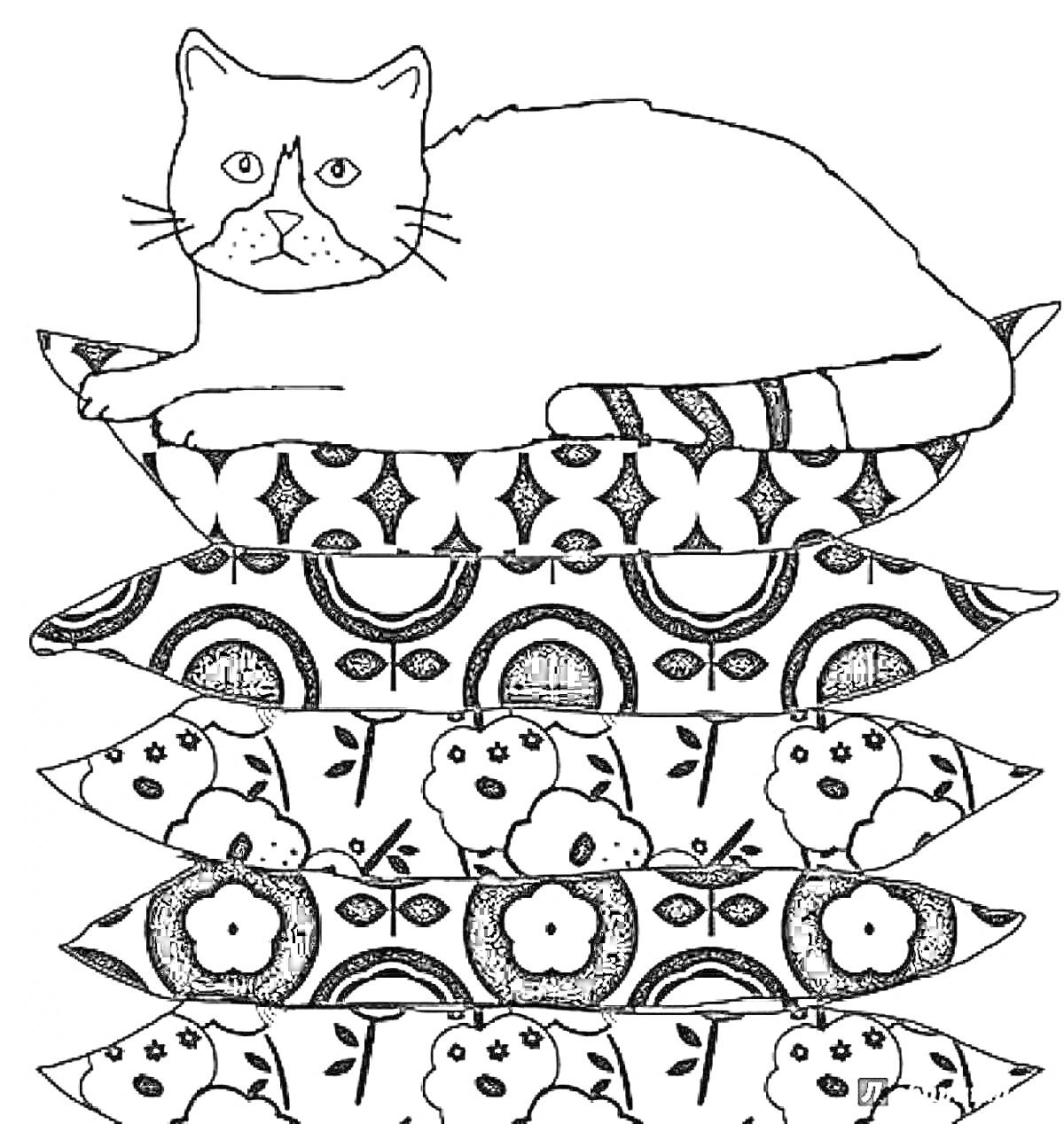 На раскраске изображено: Кот, Узоры, Цветы, Кототерапия, Подушка
