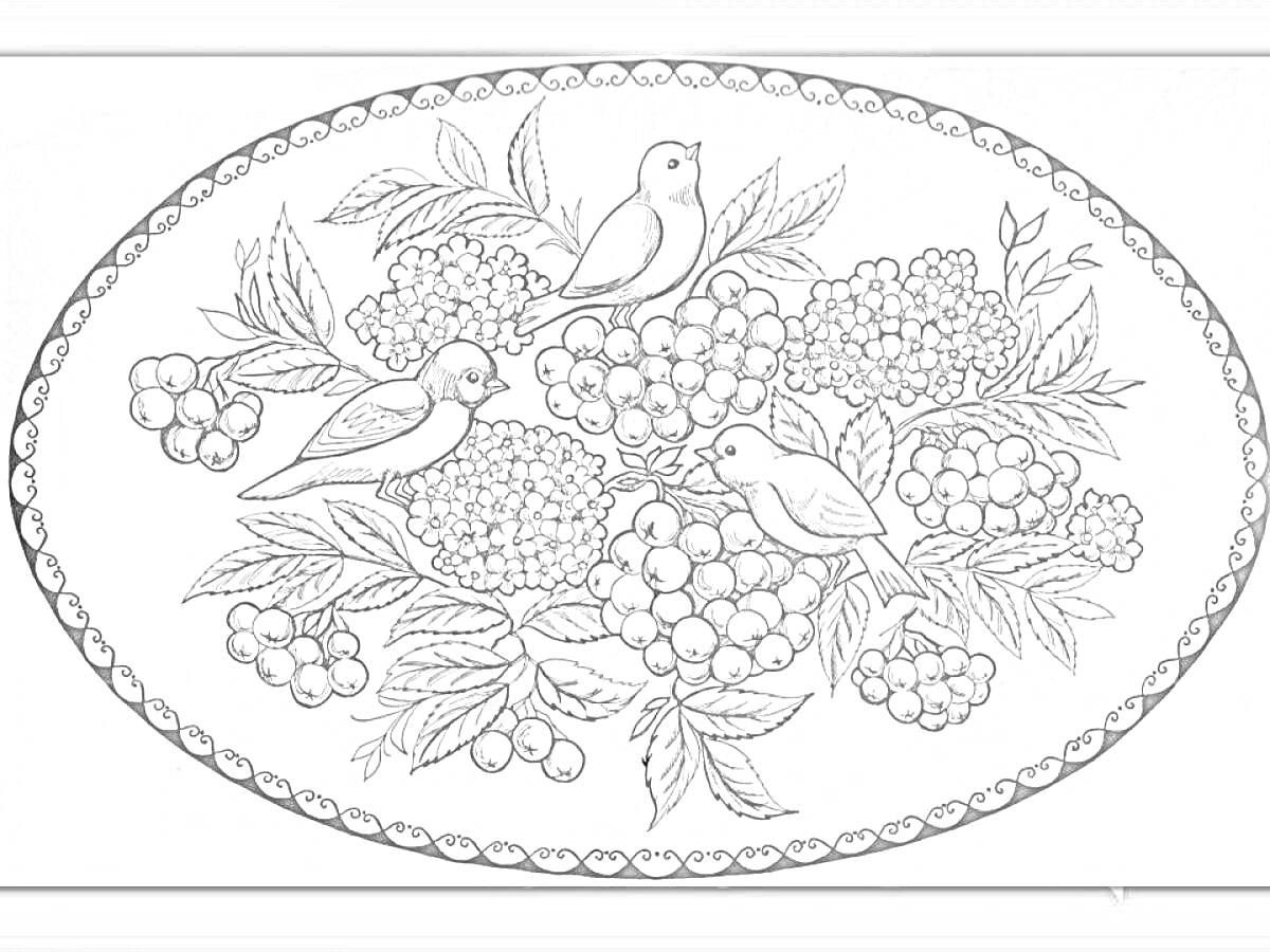 Раскраска Три птицы, ягоды и листья на цветочной композиции в жостовском стиле