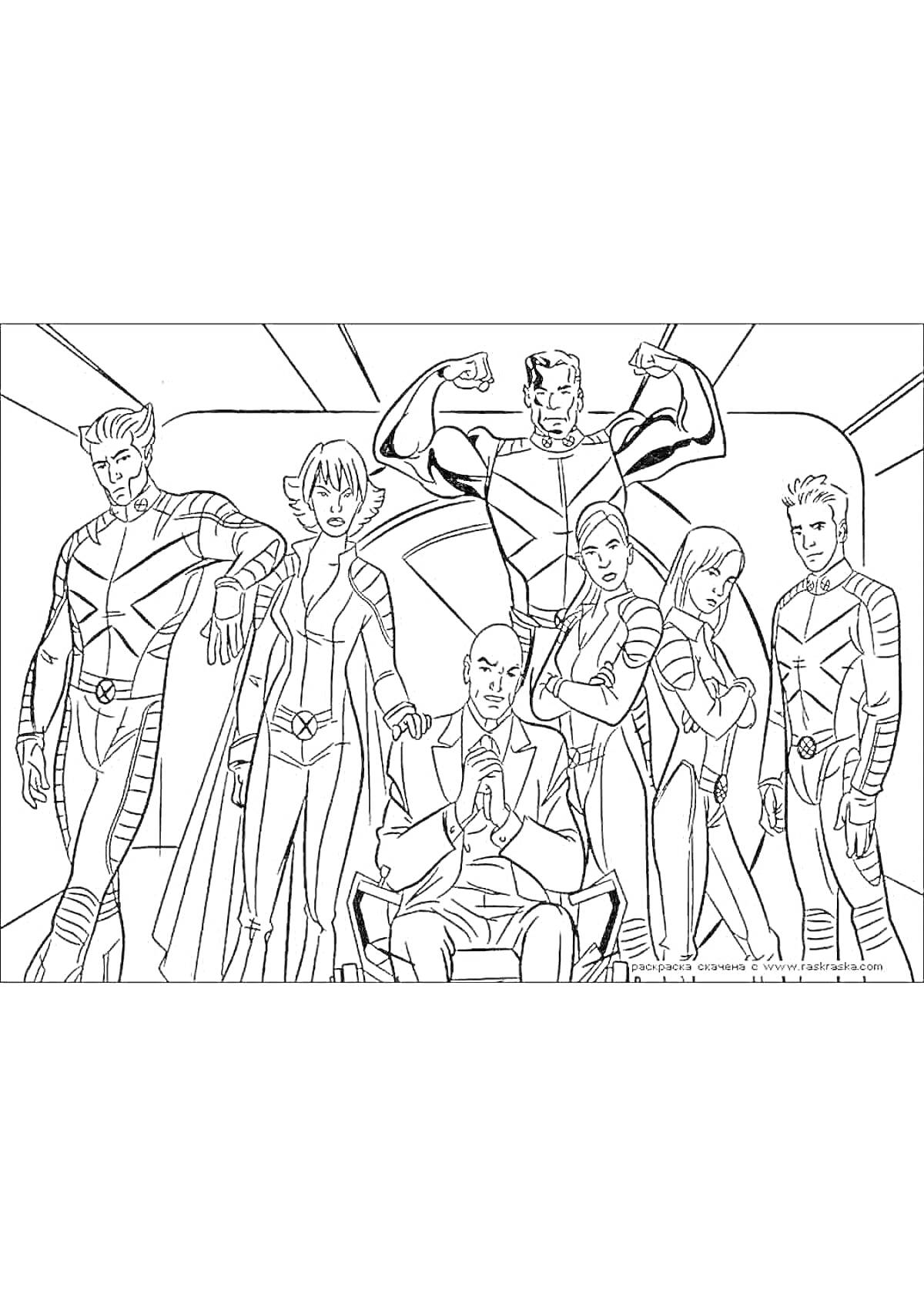 На раскраске изображено: Люди Икс, Начало, Супергерои, Комиксы, Ангар, Команда, Суперспособности, Экипировка, Марвел