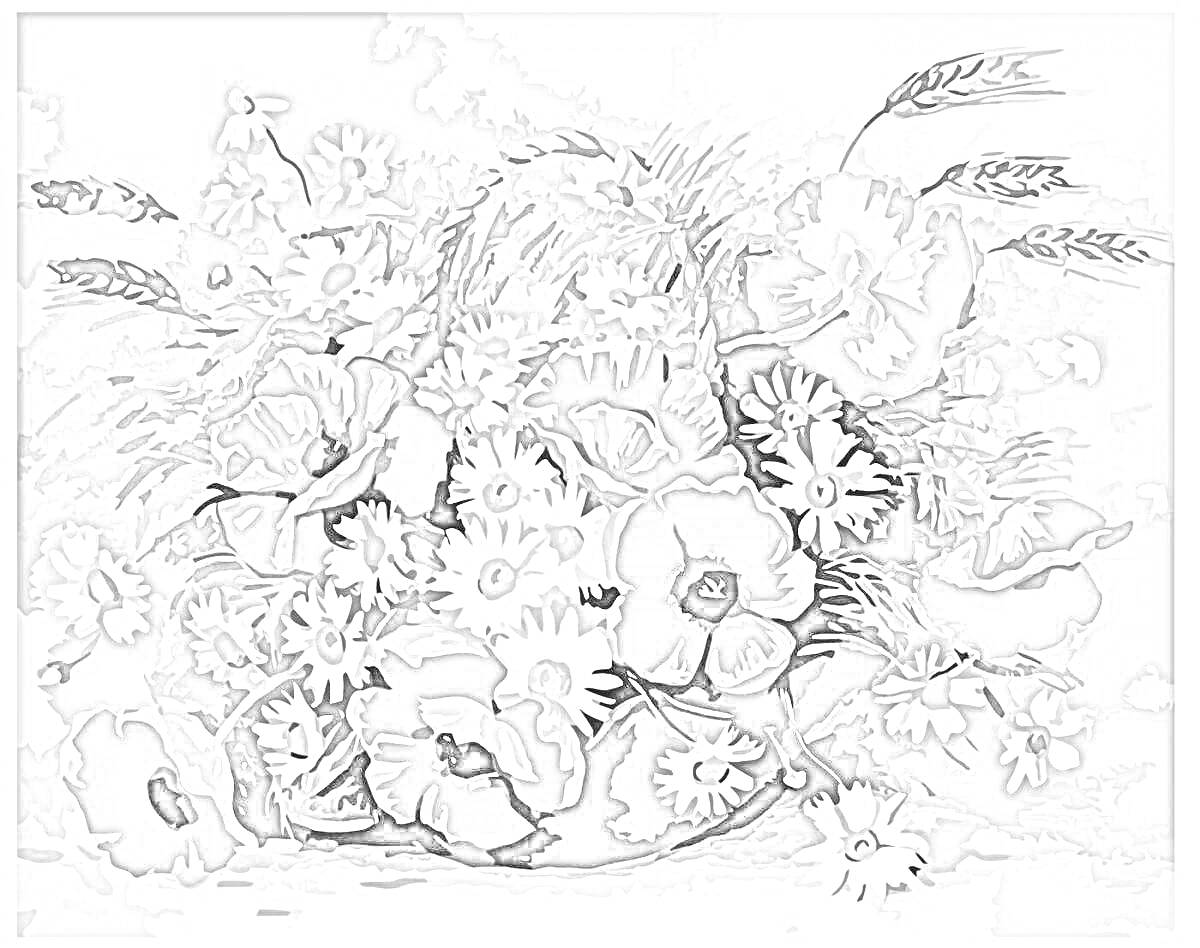 Раскраска Полевая цветочная композиция с ромашками и маками на нейтральном фоне