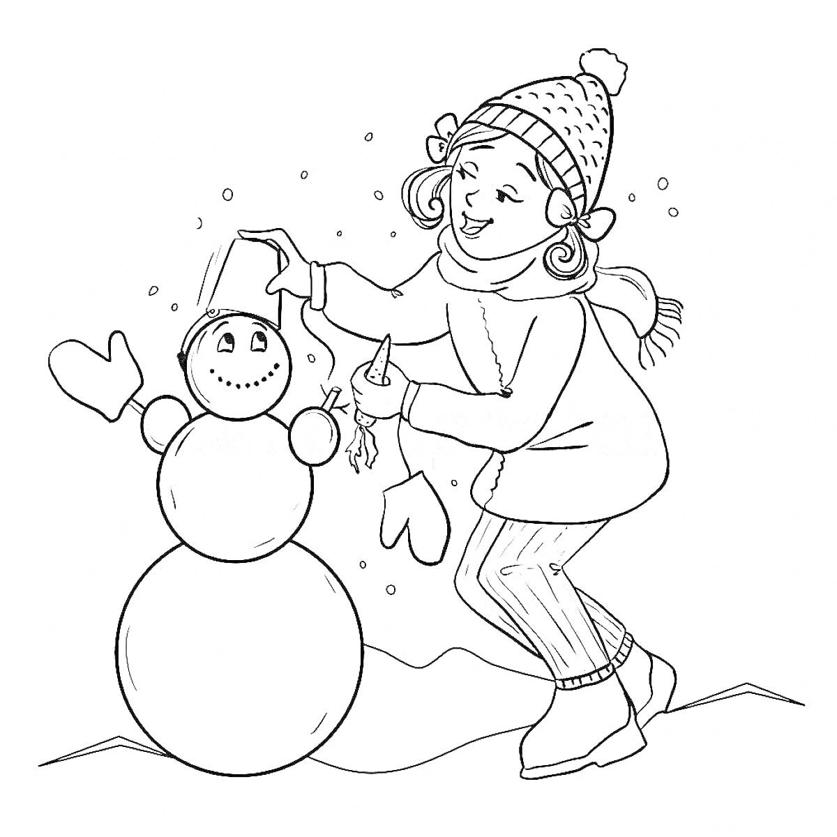 Раскраска Девочка украшает снеговика в зимней одежде