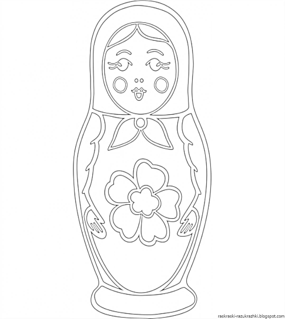 Раскраска Матрешка с крупным цветком посередине и платком на голове