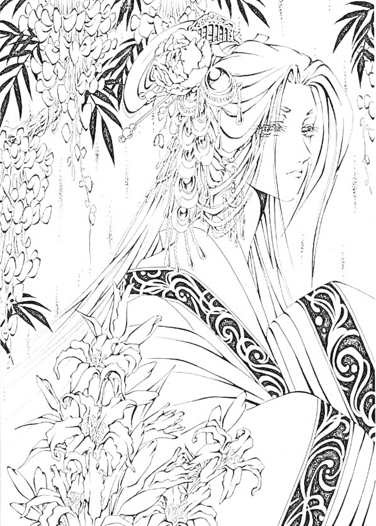 Раскраска Аниме персонаж в традиционной одежде с длинными волосами и декоративными элементами в волосах, на фоне растений