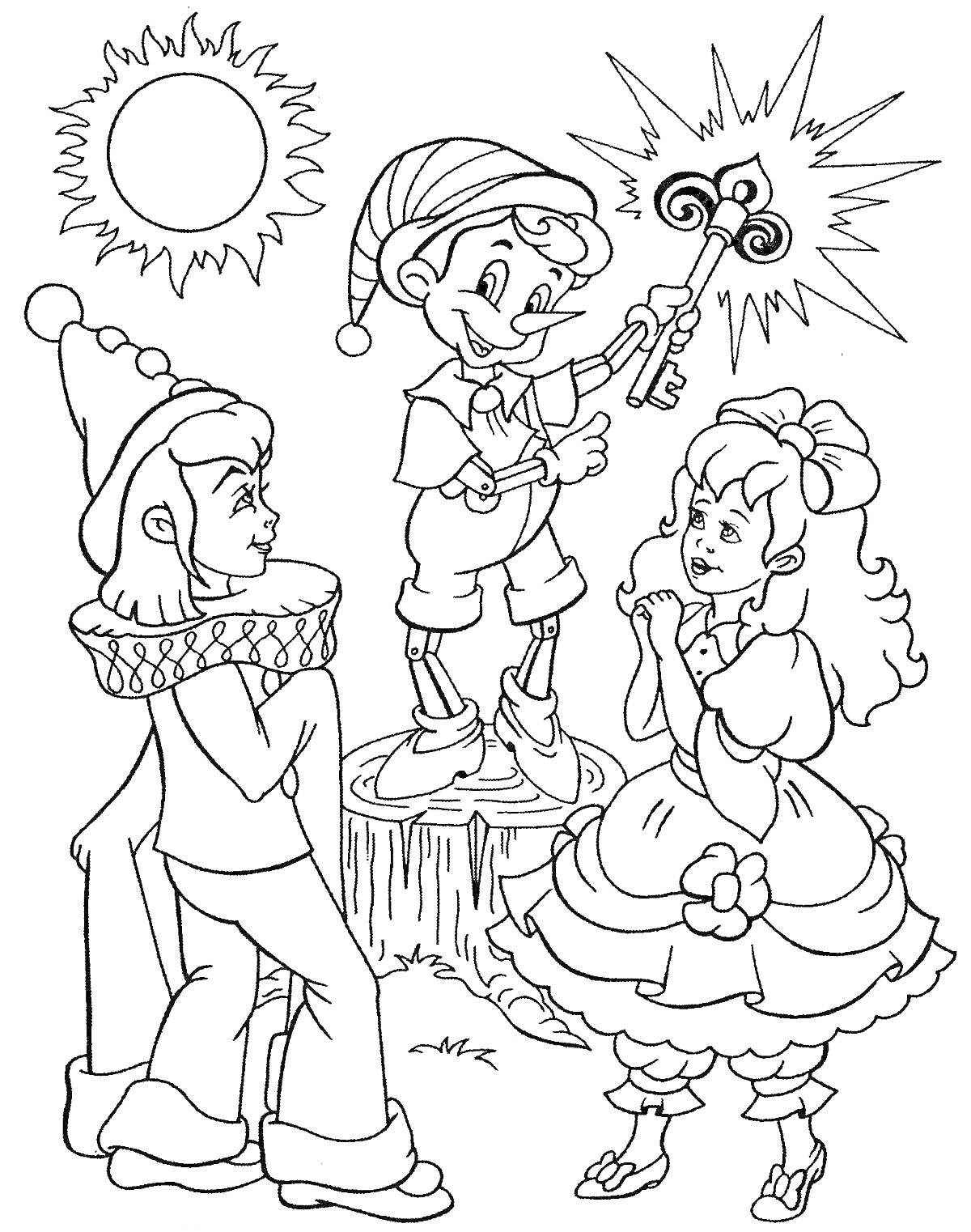 Раскраска Буратино, Мальвина и Пьеро, Буратино держит золотой ключ, пень, солнце на фоне