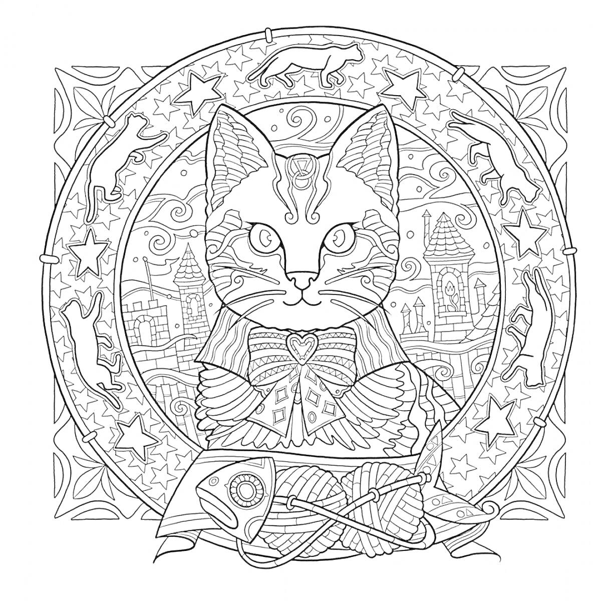 Раскраска Кошка с клубком пряжи на фоне замка и звезд с кошками в круге