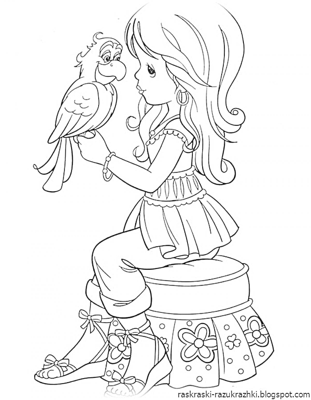 Раскраска Девочка с длинными волосами в платье и сандалиях, сидящая на табуретке с цветами и разговаривающая с попугаем