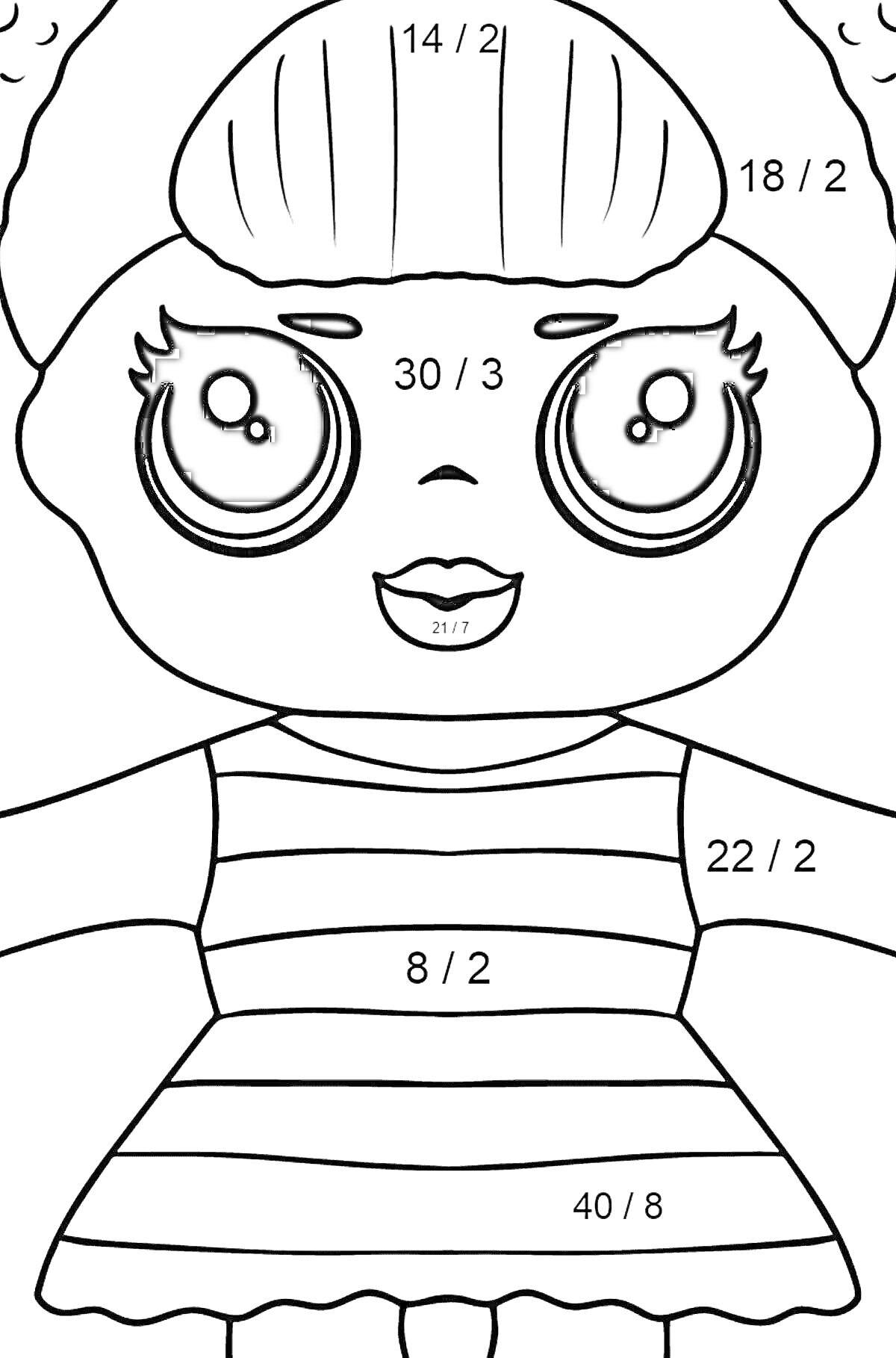 Раскраска кукла ЛОЛ с большими глазами в платье с полосками и бантиком