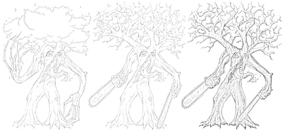 Раскраска Монстр-дерево с бензопилой с разными стадиями прорисовки