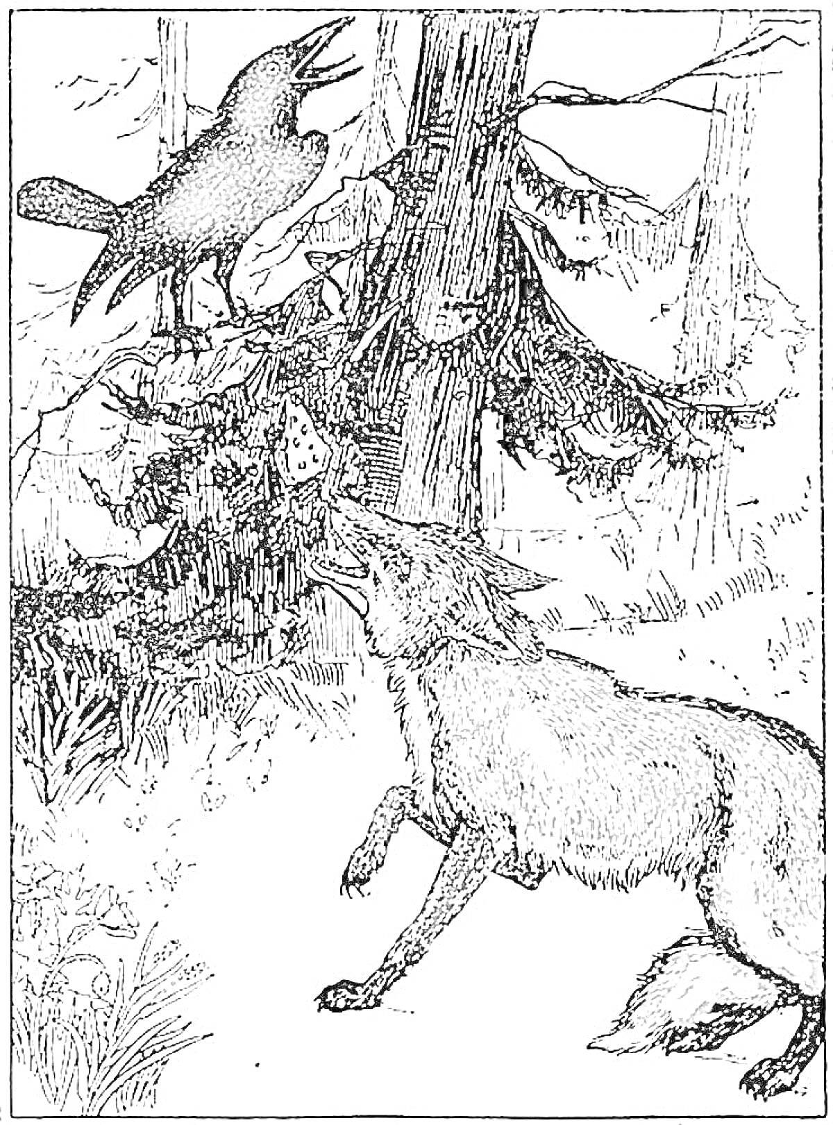 На раскраске изображено: Ворона, Лисица, Лес, Природа, Басня, Иллюстрация, Деревья, Животное