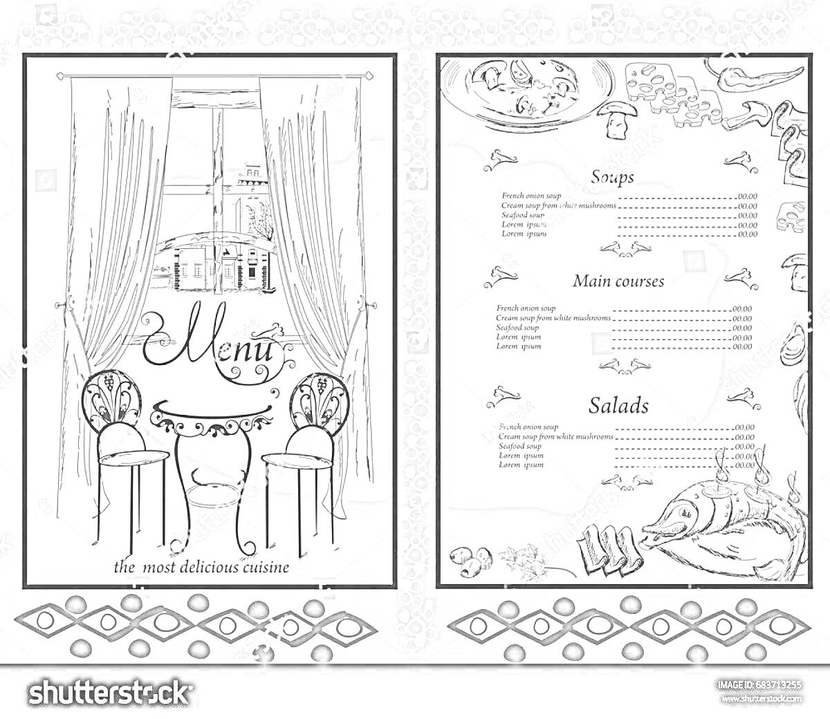 Раскраска Меню ресторана с окнами и стульями на фоне, категории блюд: супы, основные блюда и салаты, украшено элементами еды и узорами