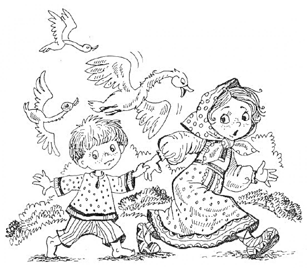 Раскраска Дети убегают от трех летающих гусей в лесу